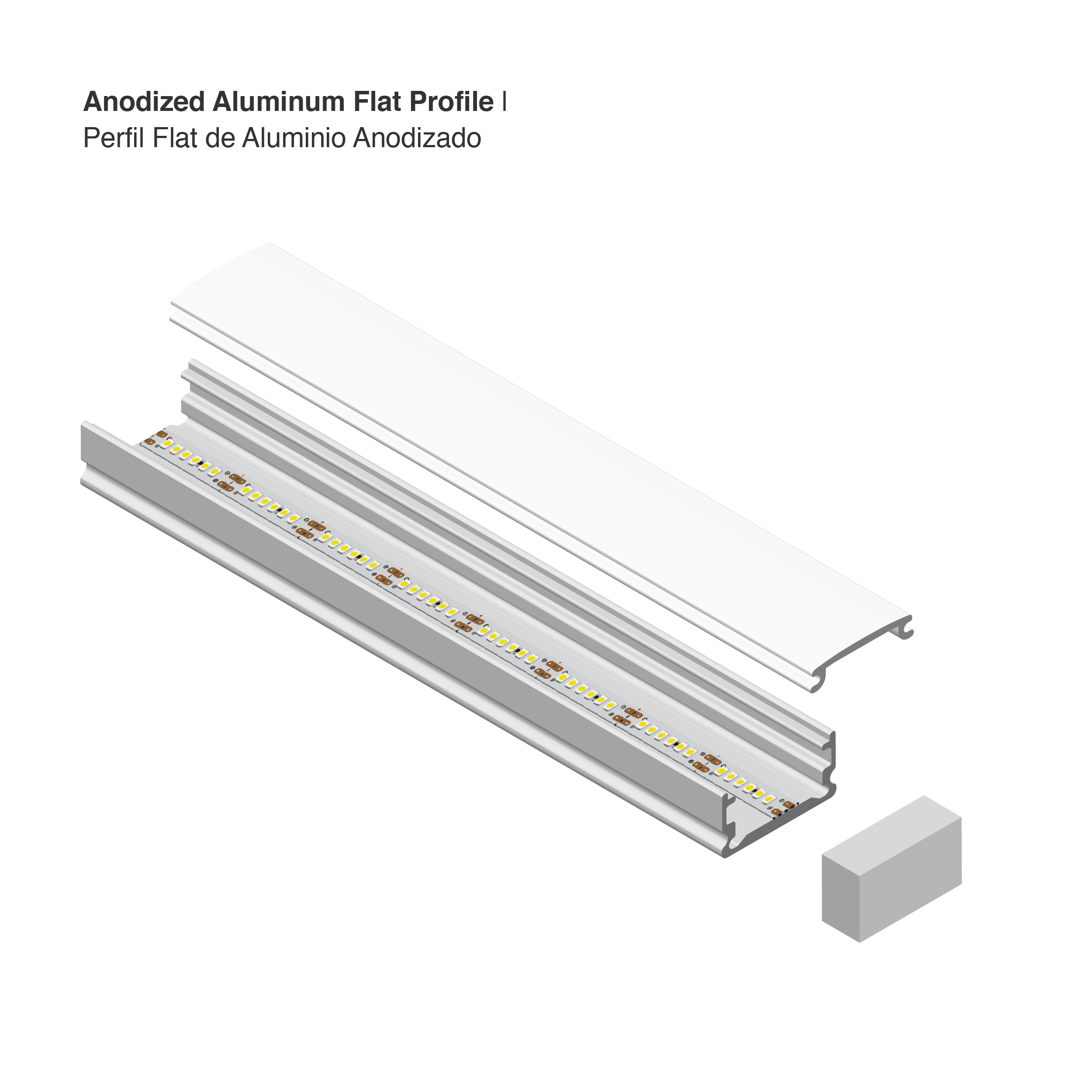 Perfil de Aluminio Flat 13x7mm Anodizado, Cover Opal Blanco x2m