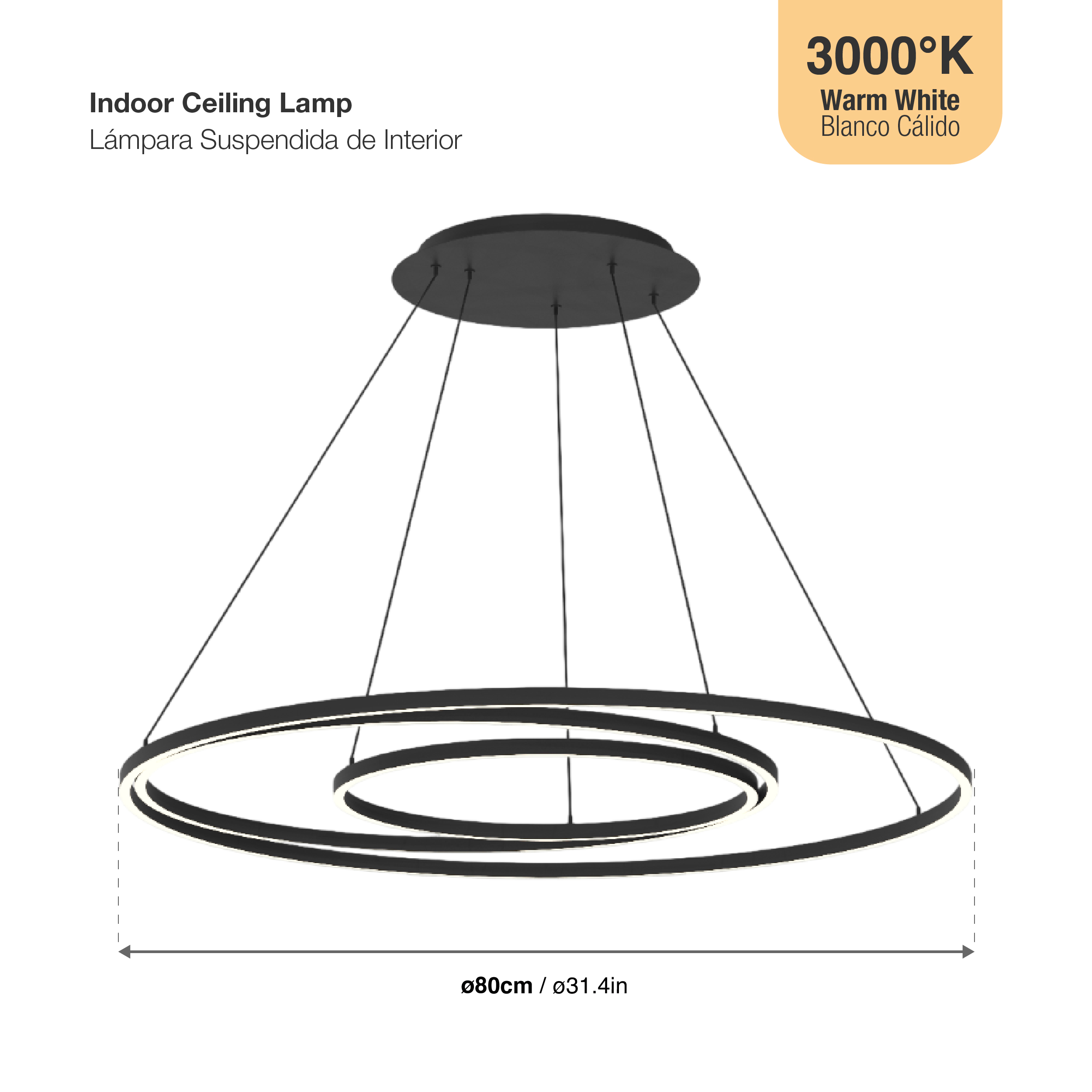 Lámpara LED Suspendida Negro Ø80cm, 62W, Blanco Cálido 3000K, 3720lm
