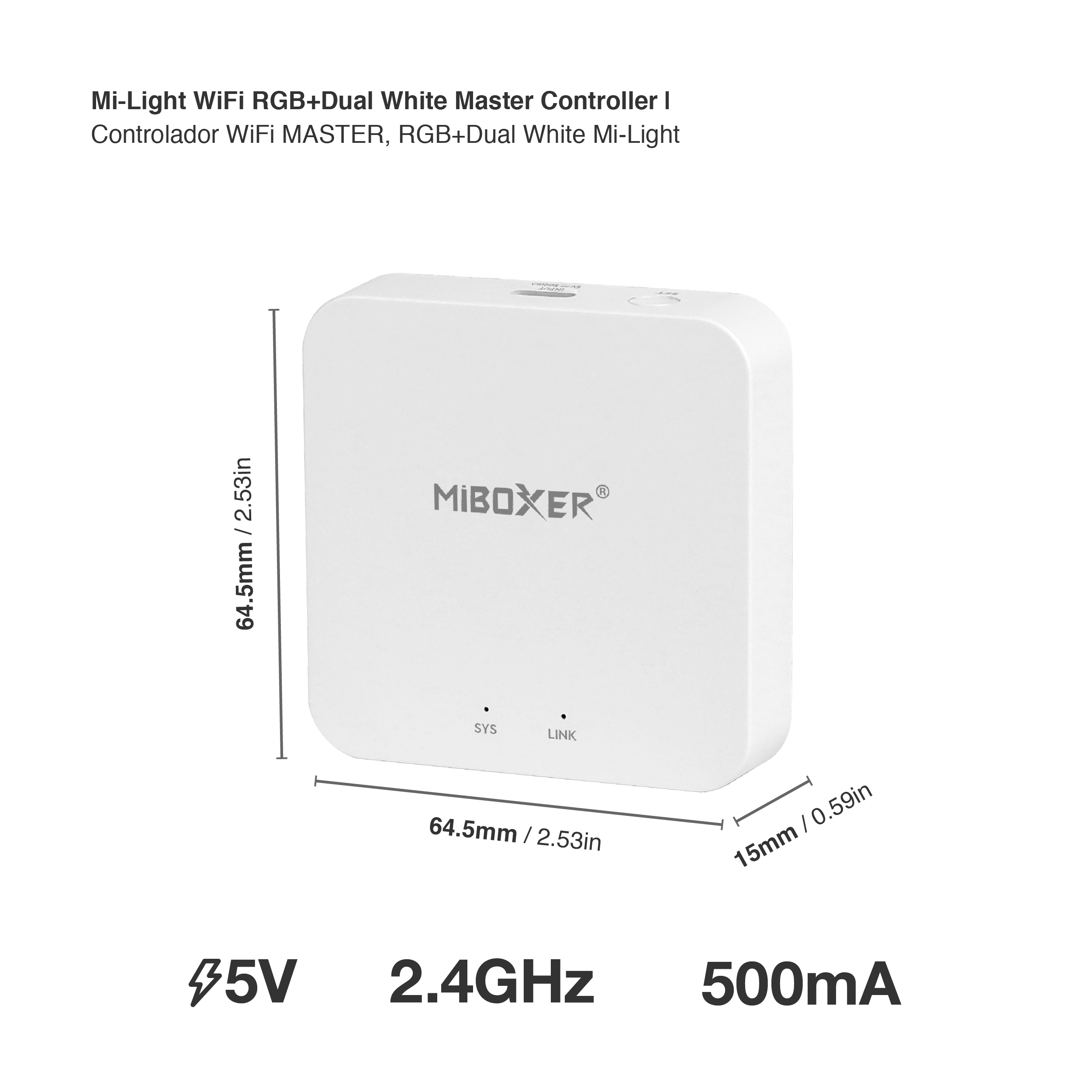 Controlador WiFi MASTER, RGB+Dual White Mi-Light, 5V 500mA 2.4GHz