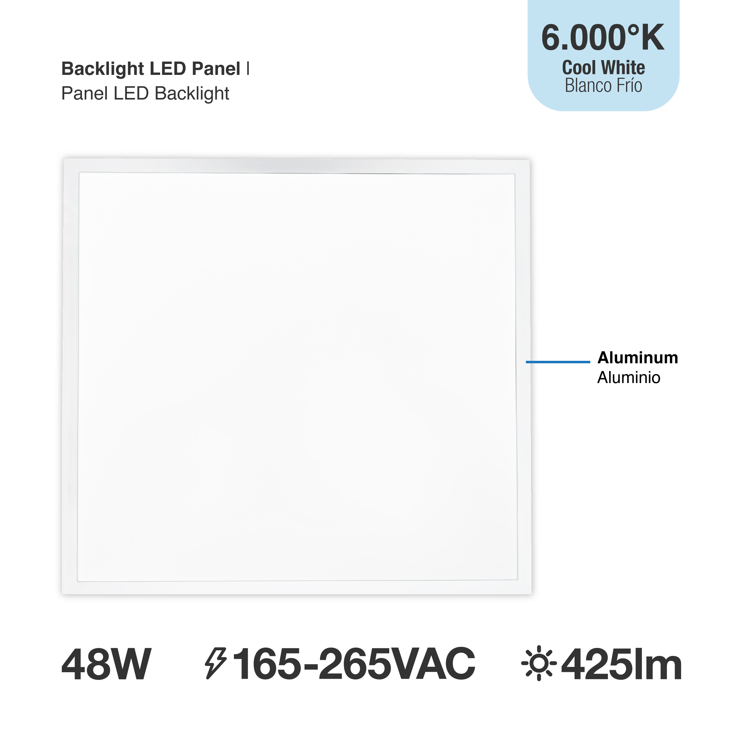 Panel LED BACKLIGHT de 60x60x3,8cm 48W 4800lm Blanco Frío, de aplicar