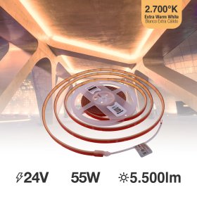 Tira LED COB 24V 11W/m Blanco Cálido 1100lm/m 480 LEDs/m 11mm IP68, 5m