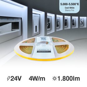 Tira LED COB 24V 4W/m Blanco Frío 360lm/m 504LEDs/m, 3mm PCB IP33 x 5m
