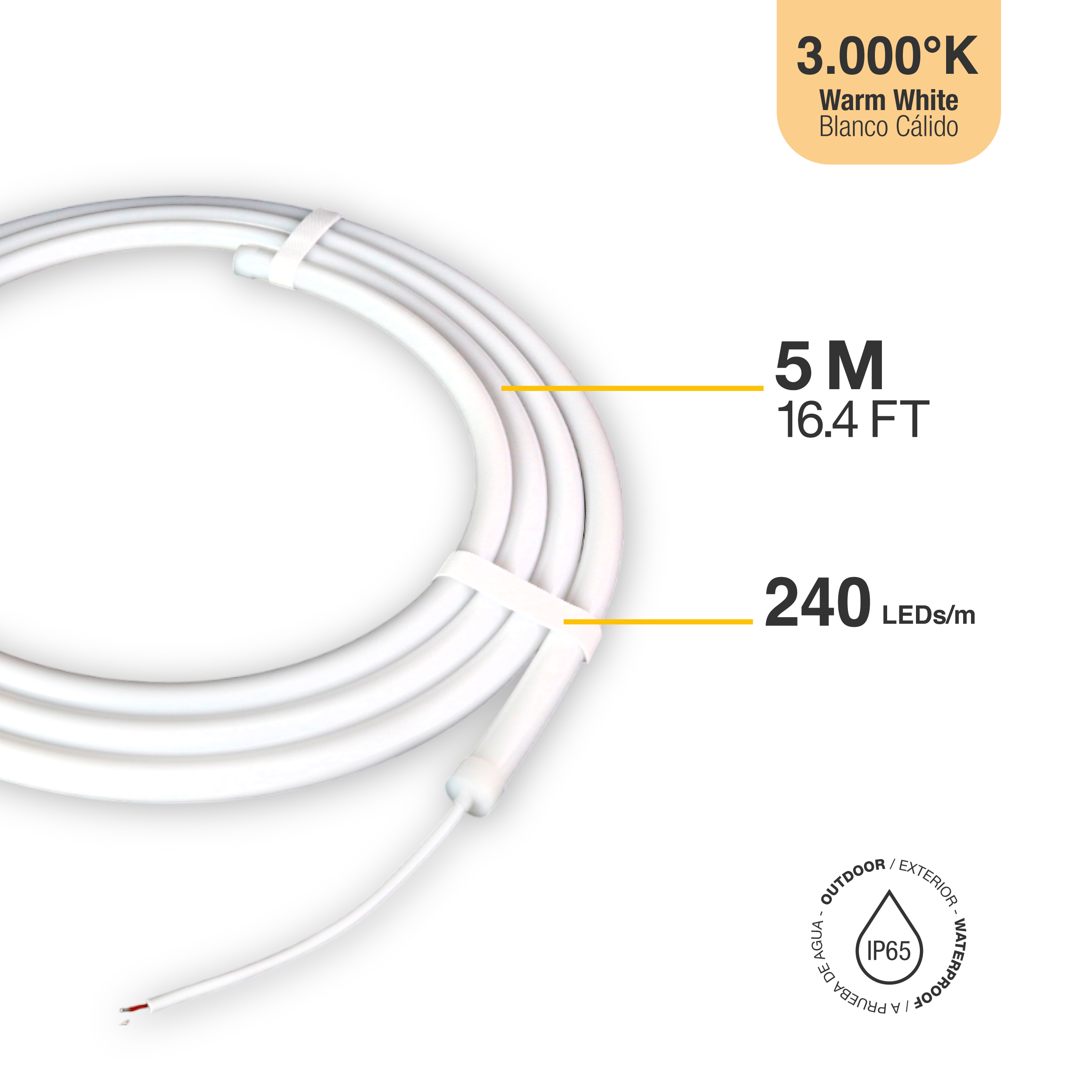 Tira LED SMD2835 con recubierta de Silicona, 24V 24W/m, Blanco Cálido 3000K 240LEDs/m, 5m
