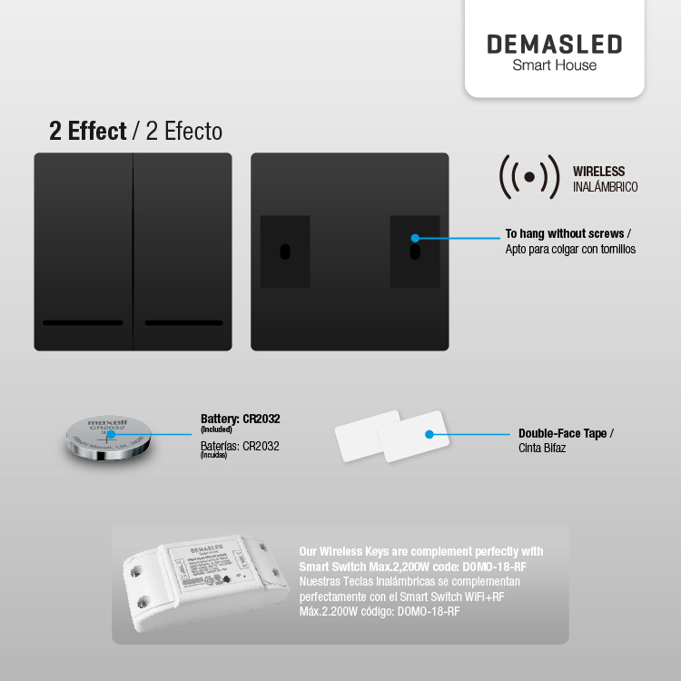 Tecla inalámbrica  RF, 2 Efectos Smart House, Negro