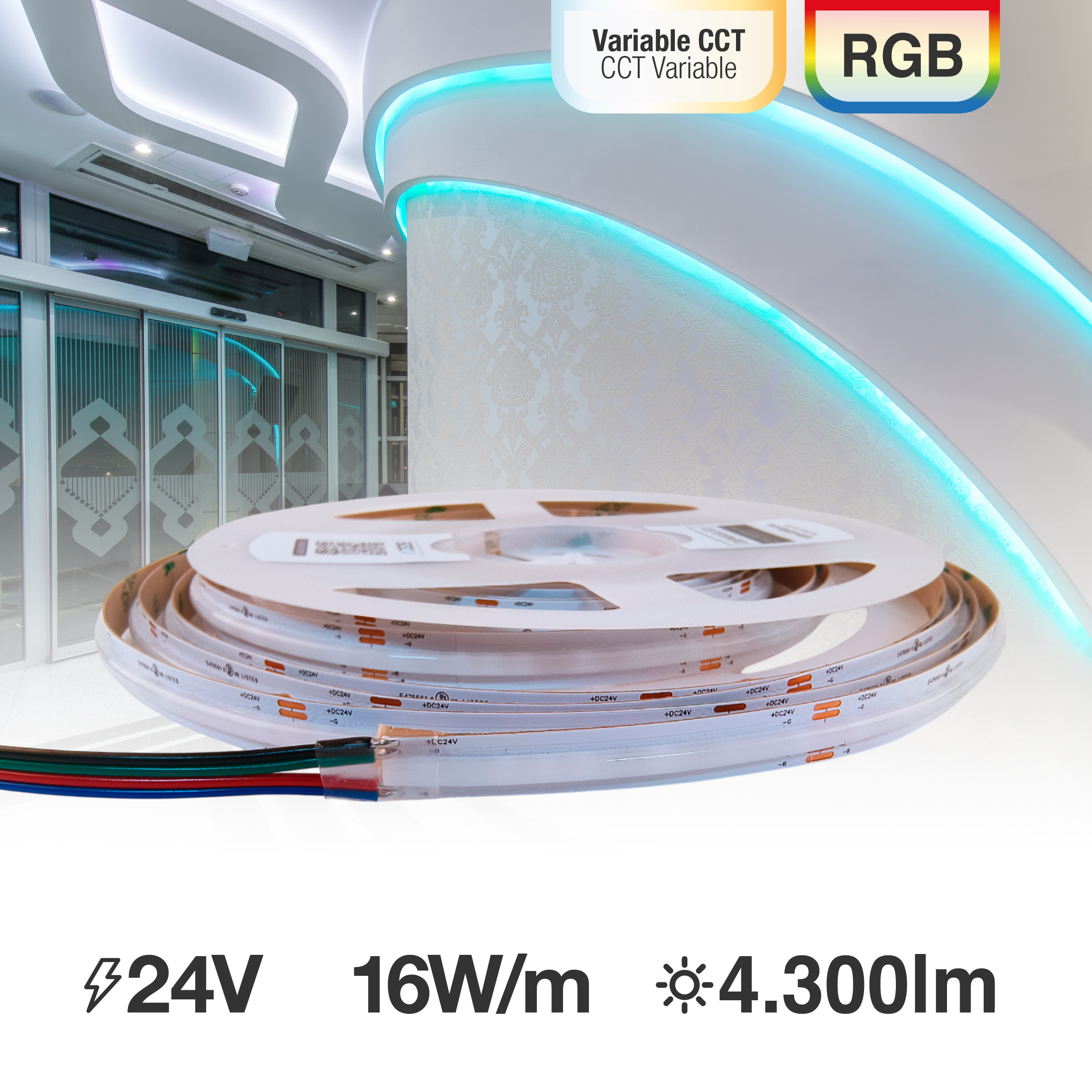 Tira LED COB 24V 16W/m RGB+CCT 860lm/w 840LEDs/m, 12mm PCB x5m