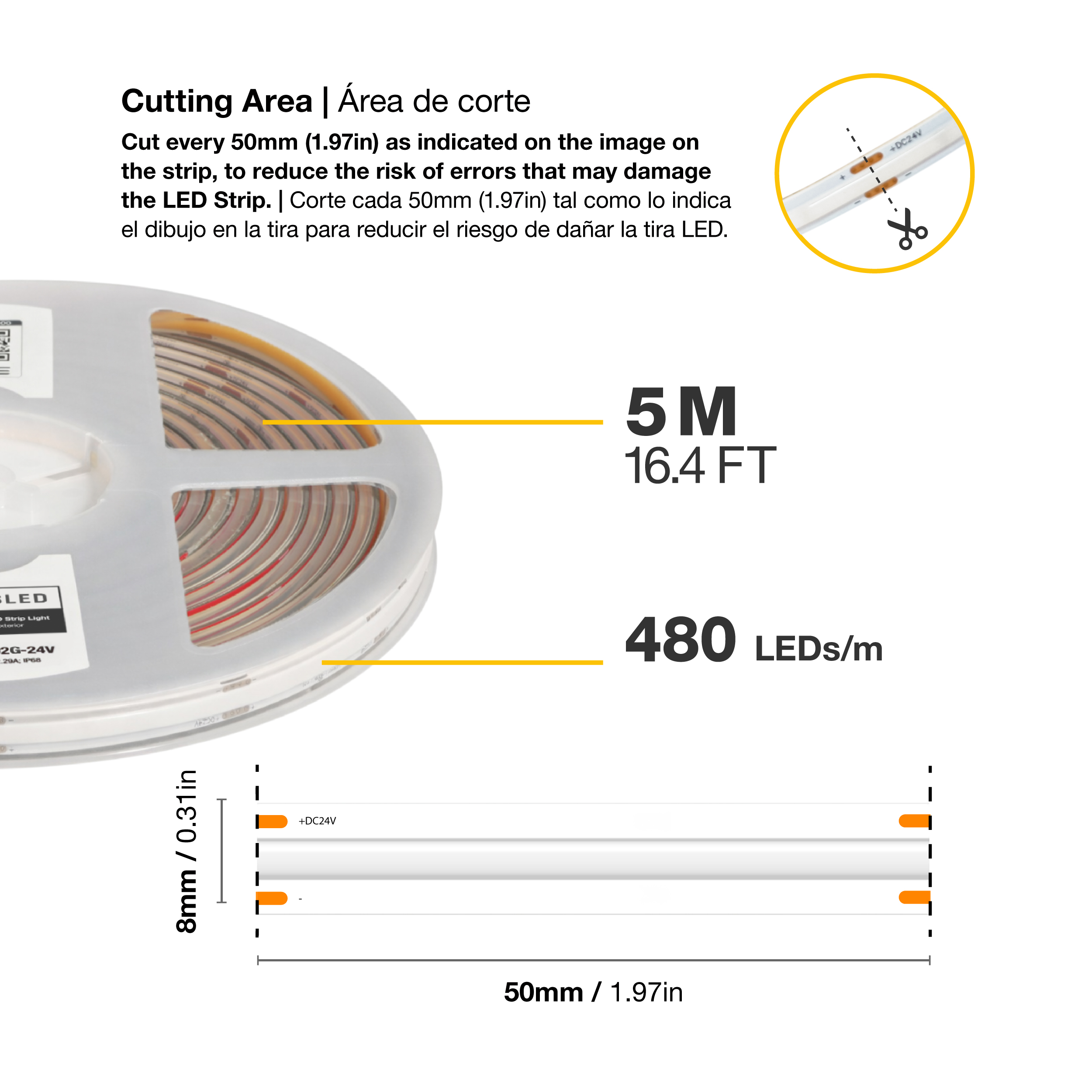 Tira LED COB 24V 11W/m Verde 1210lm/m, 8mm, IP68, 5m
