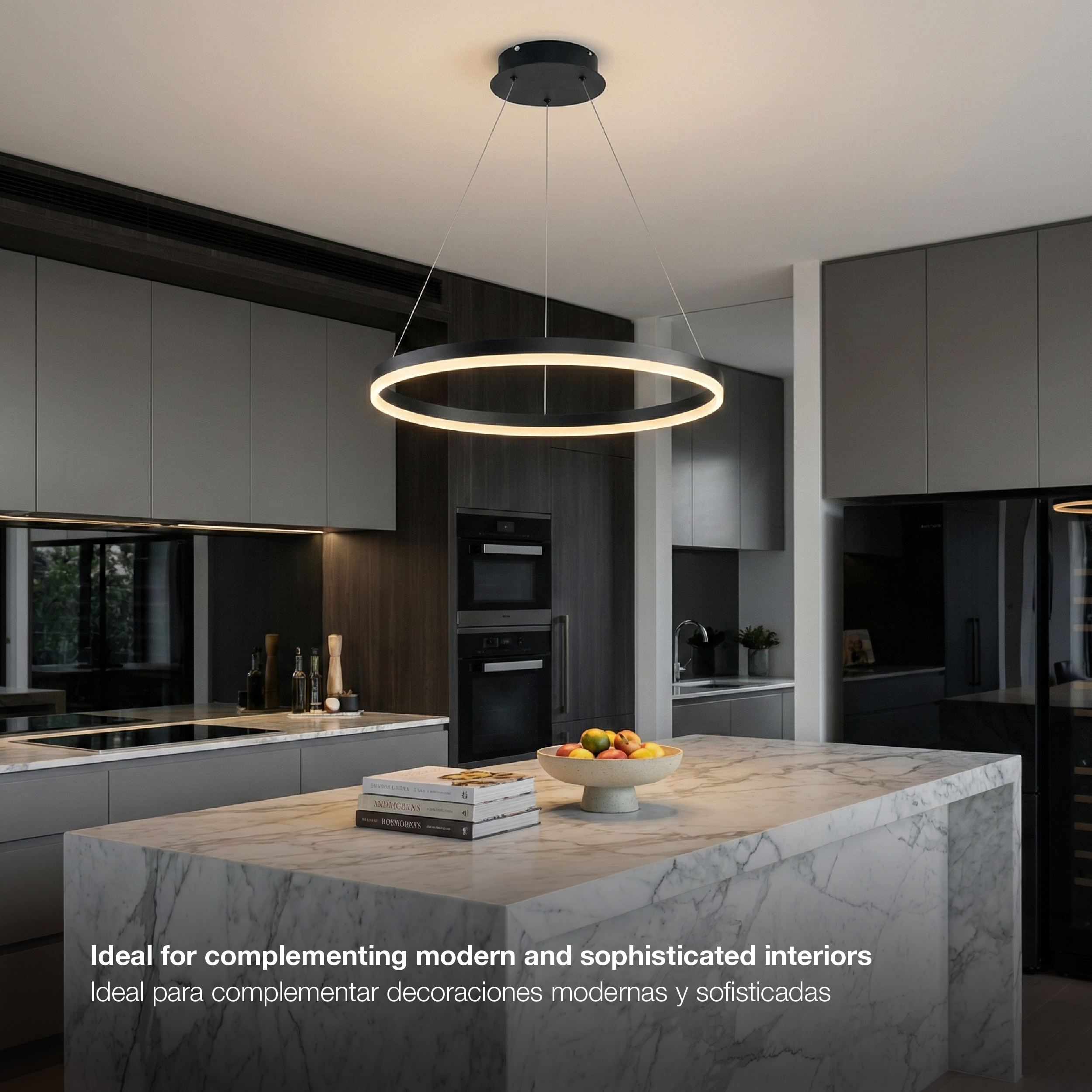 Lámpara LED Suspendida Aro Negro Ø80cm, 48W Blanco Cálido 3000K, 3264lm