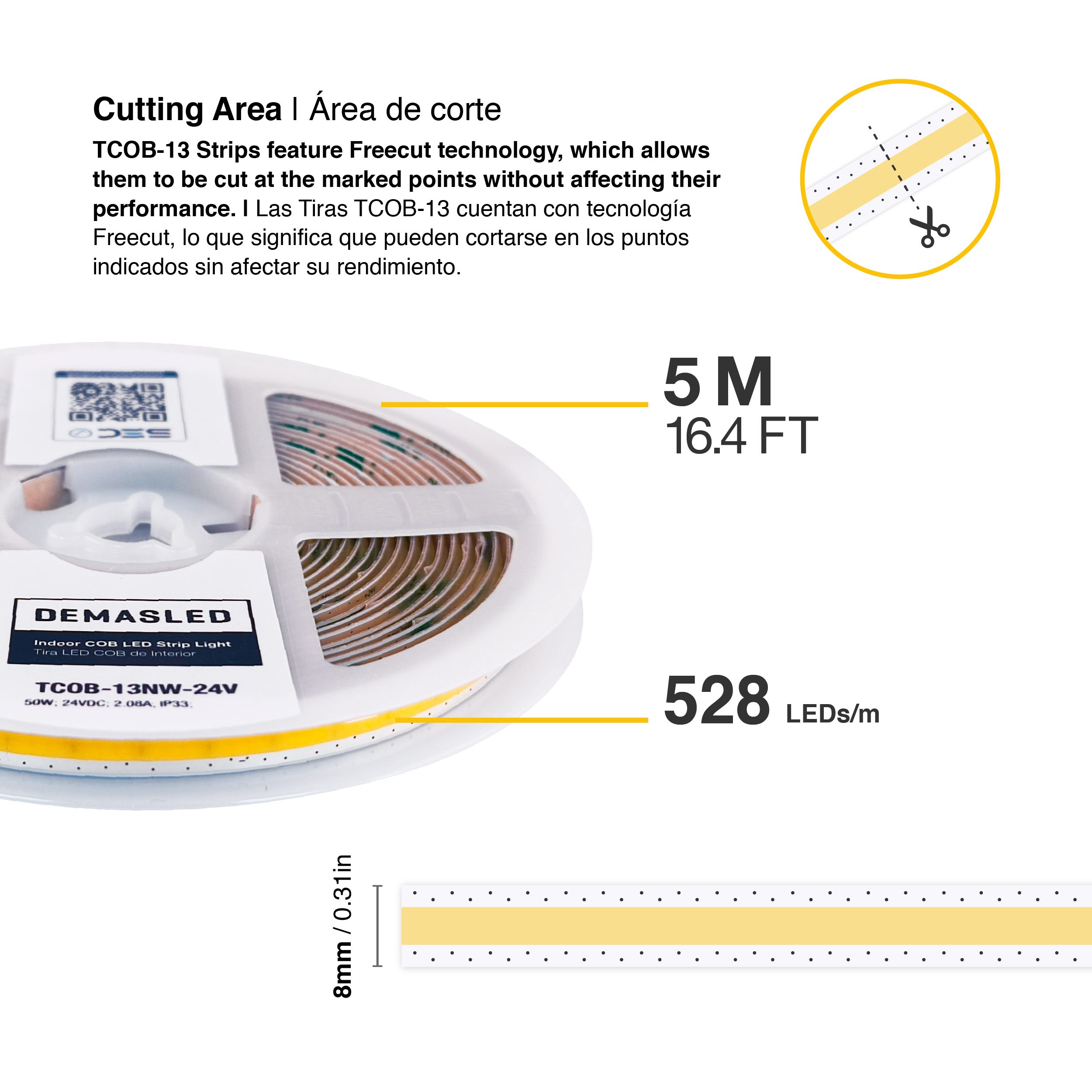 Tira LED COB Freecut 24V 10W/m Blanco Neutro 4000°K 950lm/m 528LEDs/m, 8mm PCB IP33 x5m