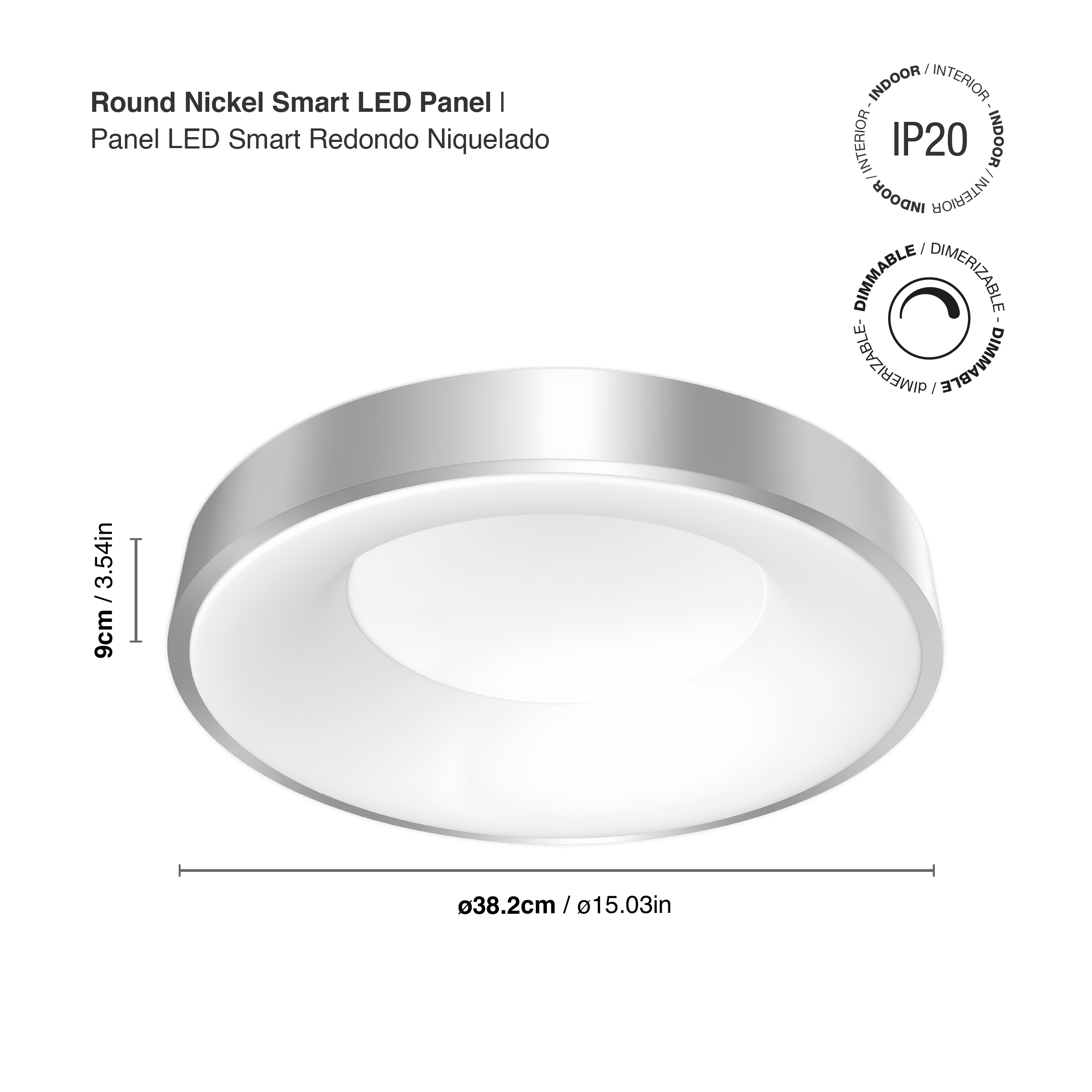 Panel LED Smart Redondo Níquel Ø38,2x9cm 32W 140mA CCT, de Aplicar