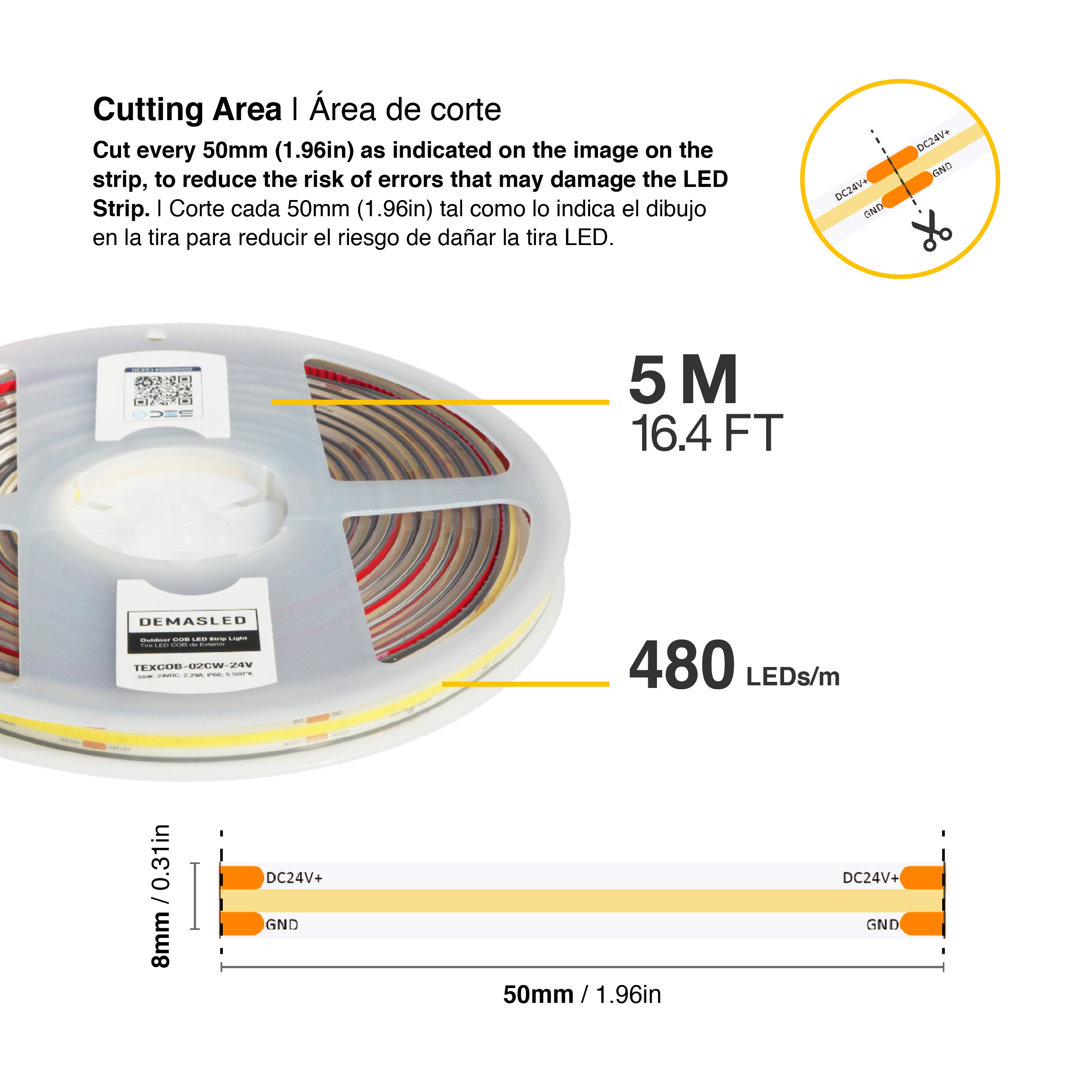 Tira LED COB 24V 11W/m Blanco Frío 1071lm/m 480LEDs/m 11mm IP68, 5m