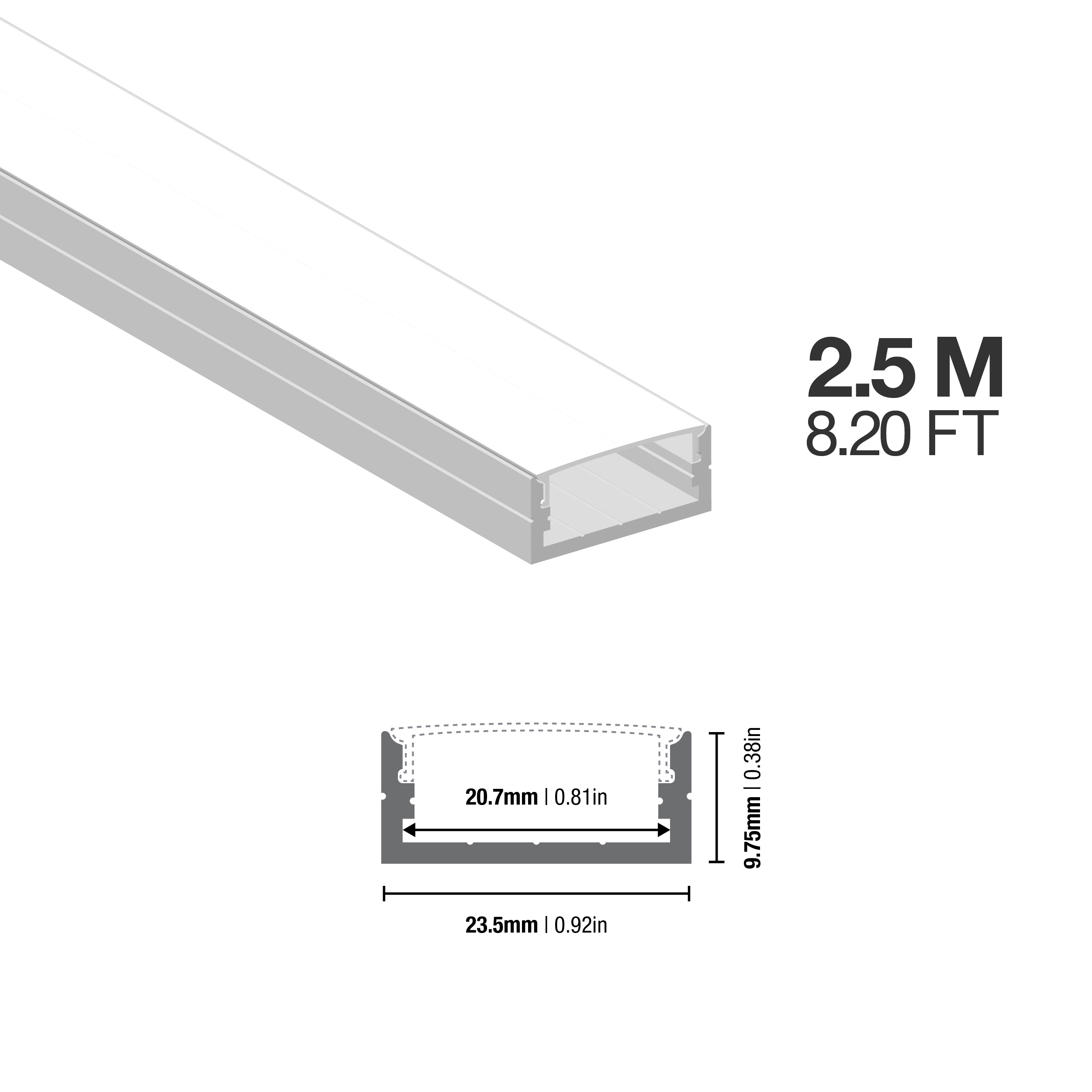 Perfil de Aluminio Flat 23x10mm Anodizado, Cover Opal Blanco x2,5m