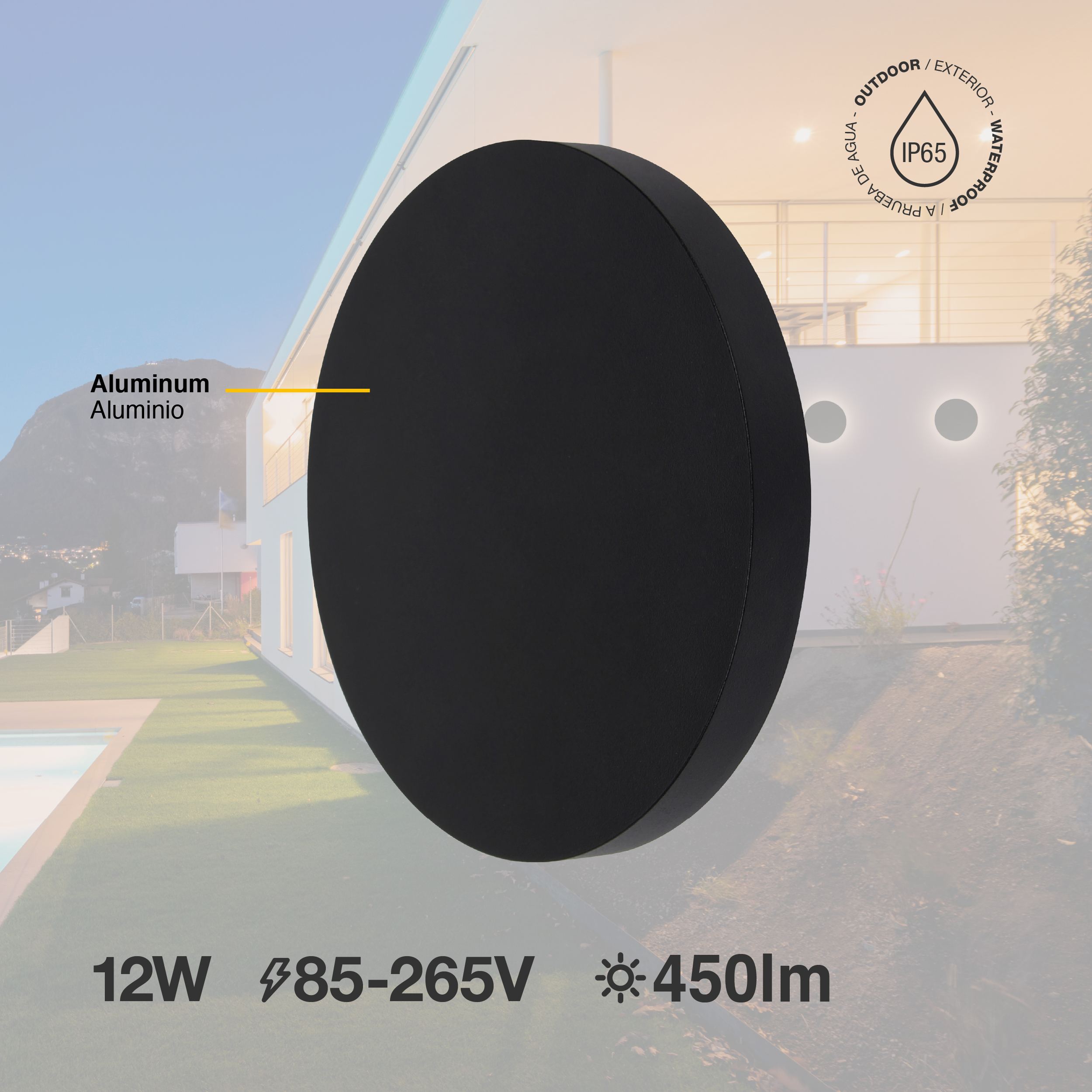 Aplique LED Exterior de Pared Redondo 12W IP65 Negro 15cm 220V Blanco Calido