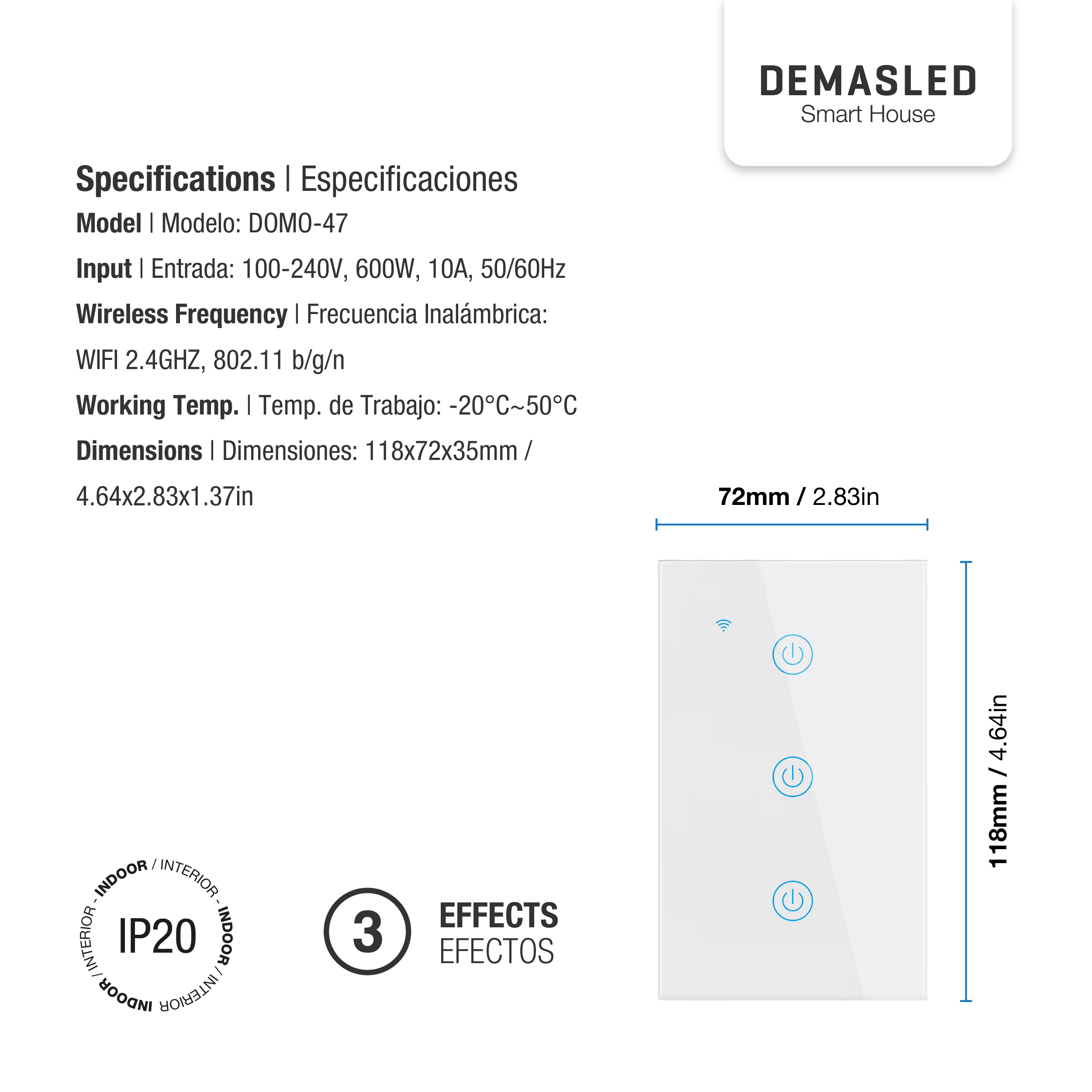 Tecla Smart de Pared Táctil 3 Canales 600W Blanco