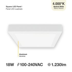 Plafón LED cuadrado blanco de 21,3x21,3cm 18W 1440lm Neutro, de aplicar