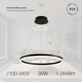 Lámpara LED Suspendida Aro Negro Ø60cm, 36W Blanco Cálido 3000K, 2448lm