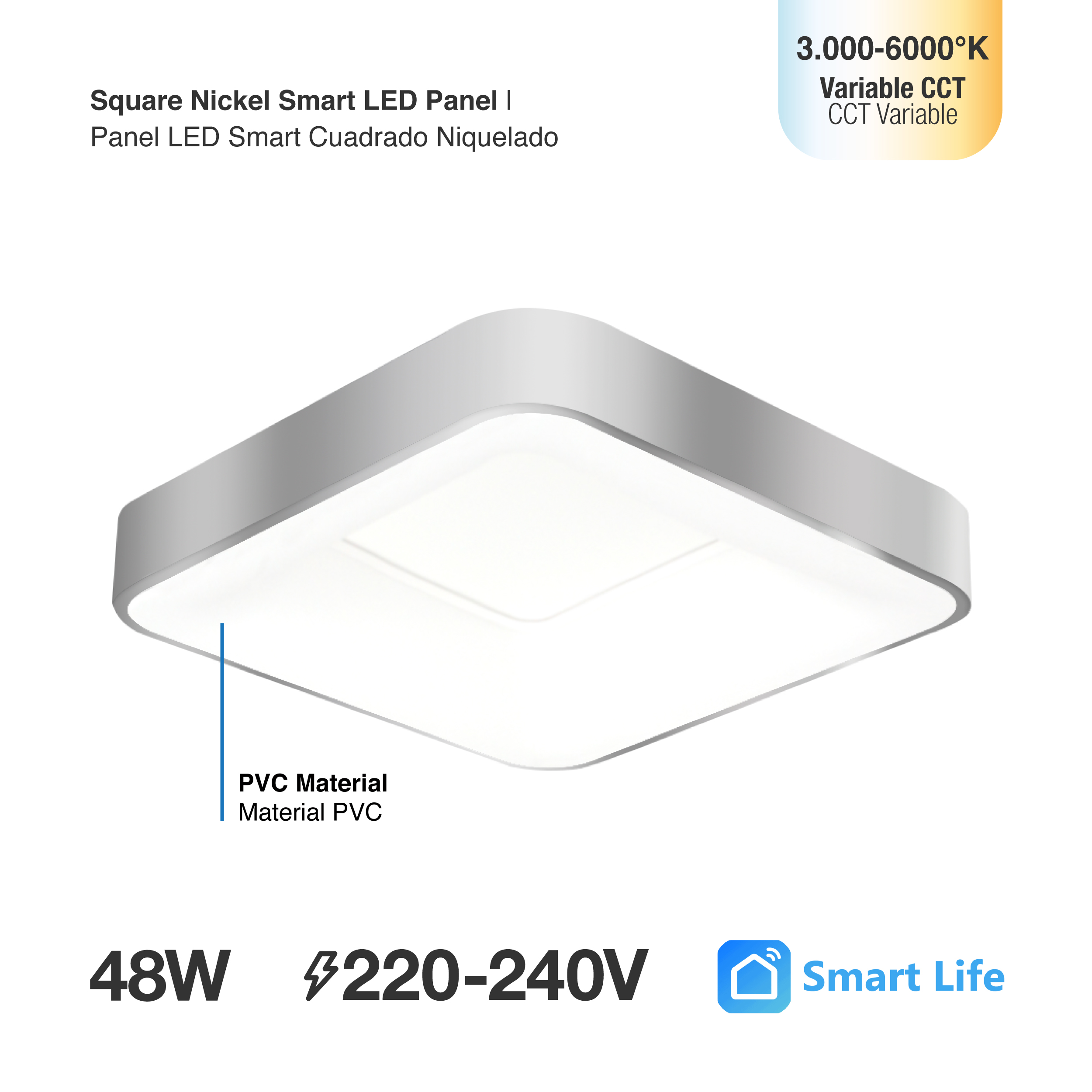 Panel LED Smart Cuadrado Níquel 50x50x9cm 48W 210mA CCT, de Aplicar