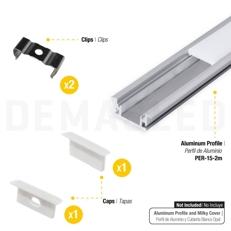 Kit de 2 tapas y 2 clips para perfil de aluminio, PER-15-2M
