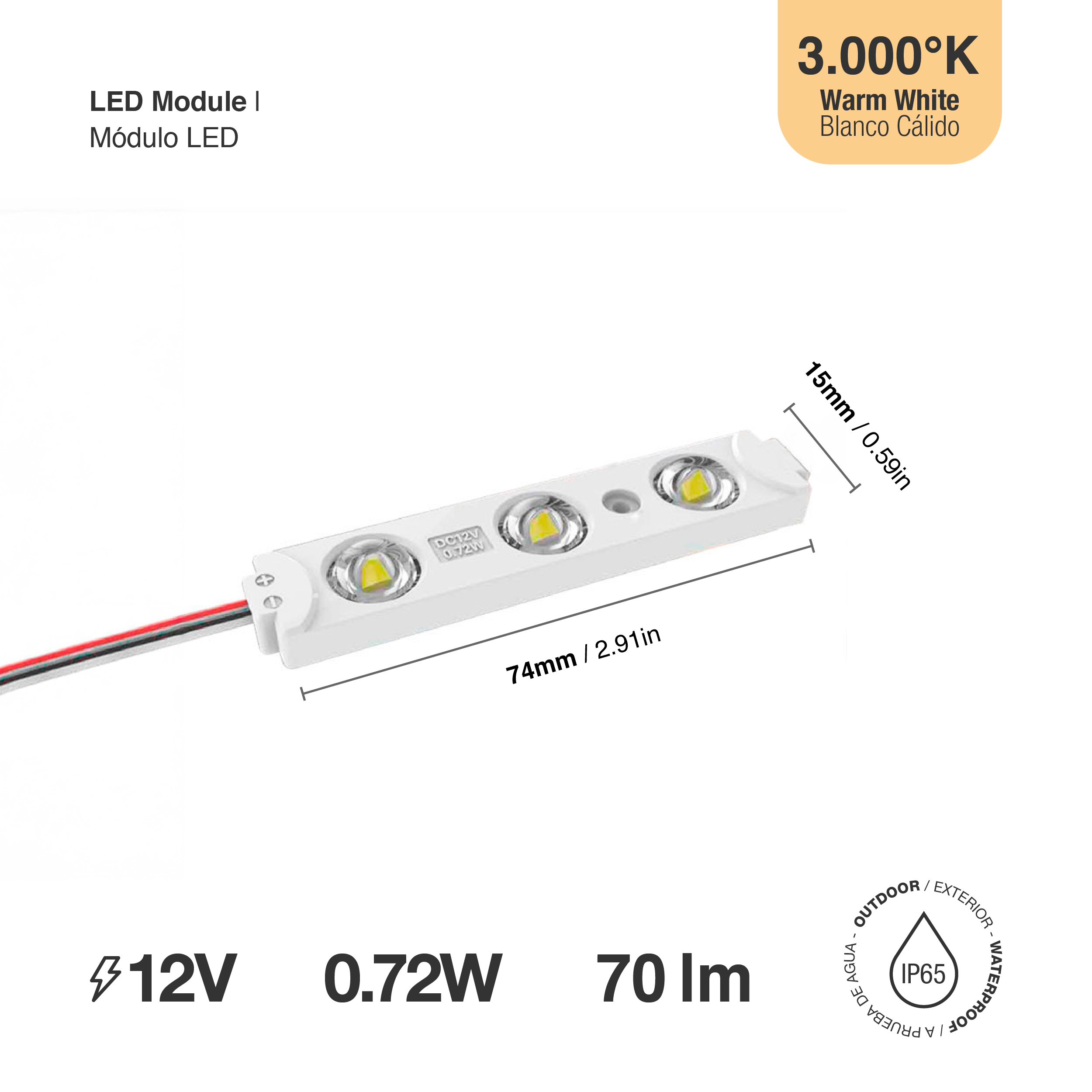 Módulo LED SMD2835 Cálido 70Lm 3000K 3 LEDs 12V 0.72W Exterior IP65