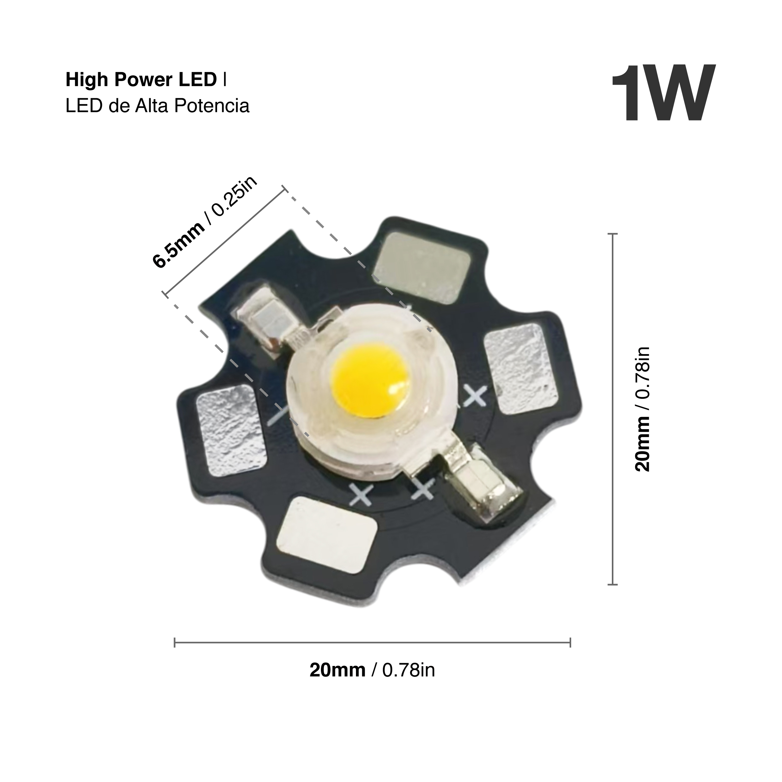 LED High Power, Blanco Cálido 3.000K 140lm, 3.4V 1W 350mA