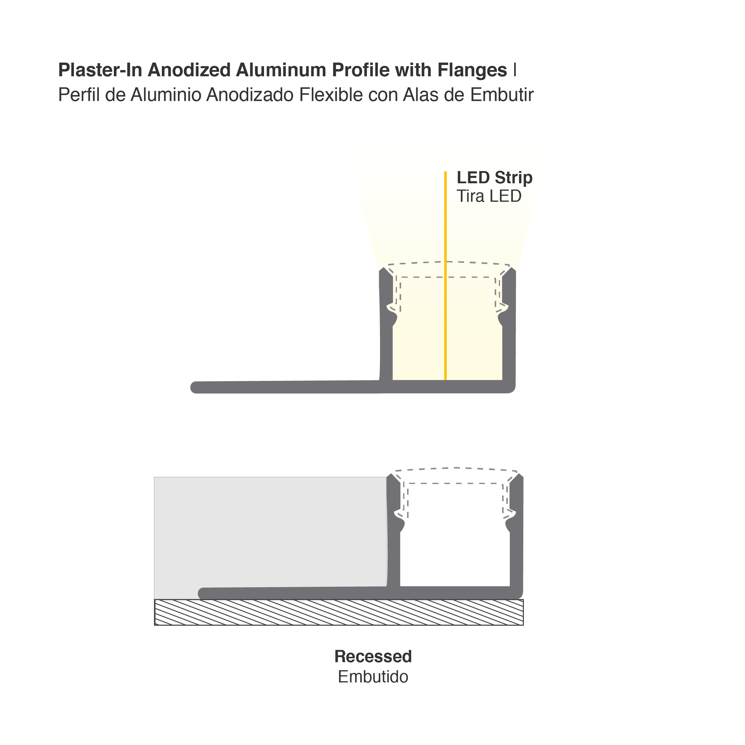 Perfil de Aluminio con Ala de Embutir 35x15mm Anodizado, Cover Opal Blanco x1m