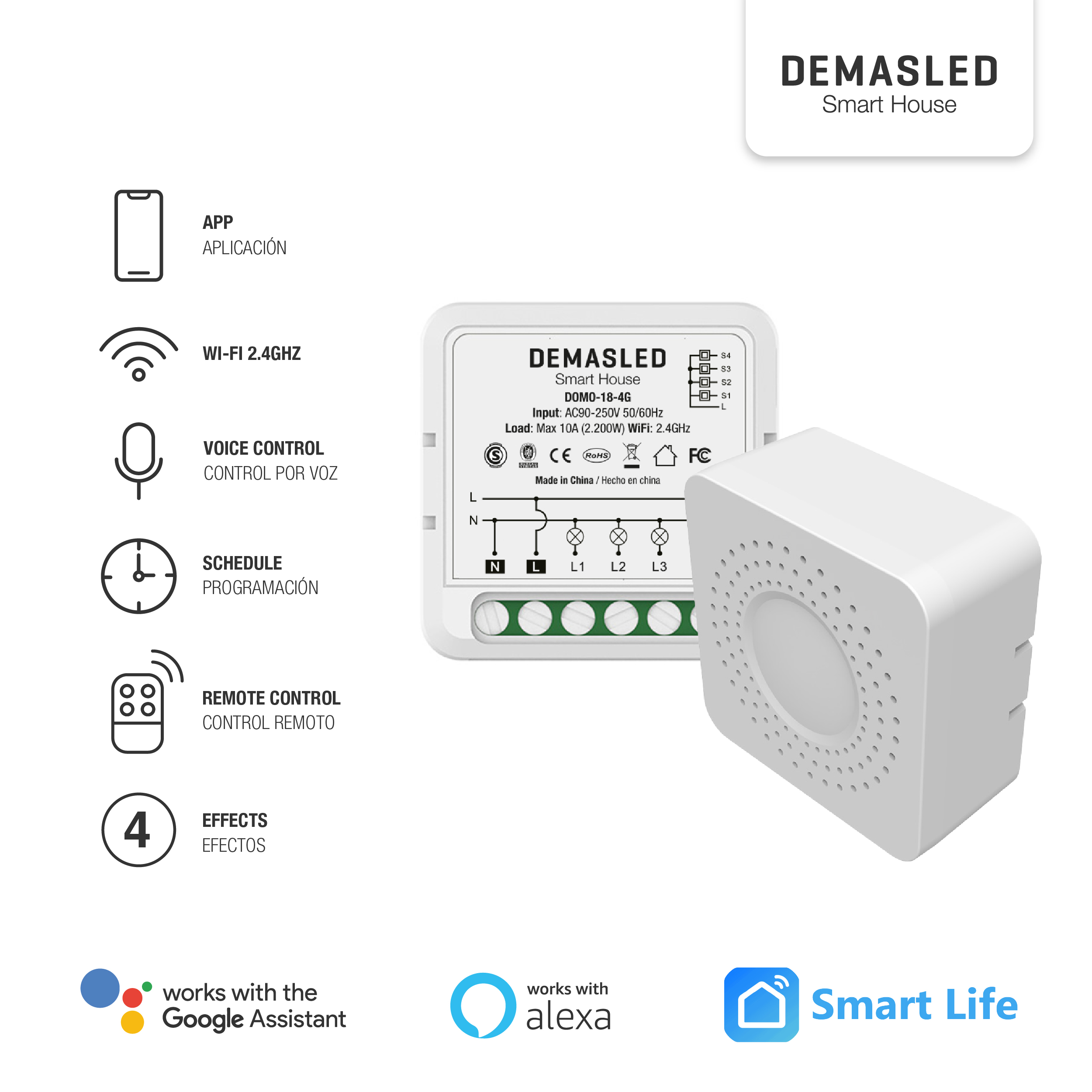 Mini Smart Switch WiFi+RF 4 Canales, 100-240Vac 50-60Hz 10A max 2.4GHz