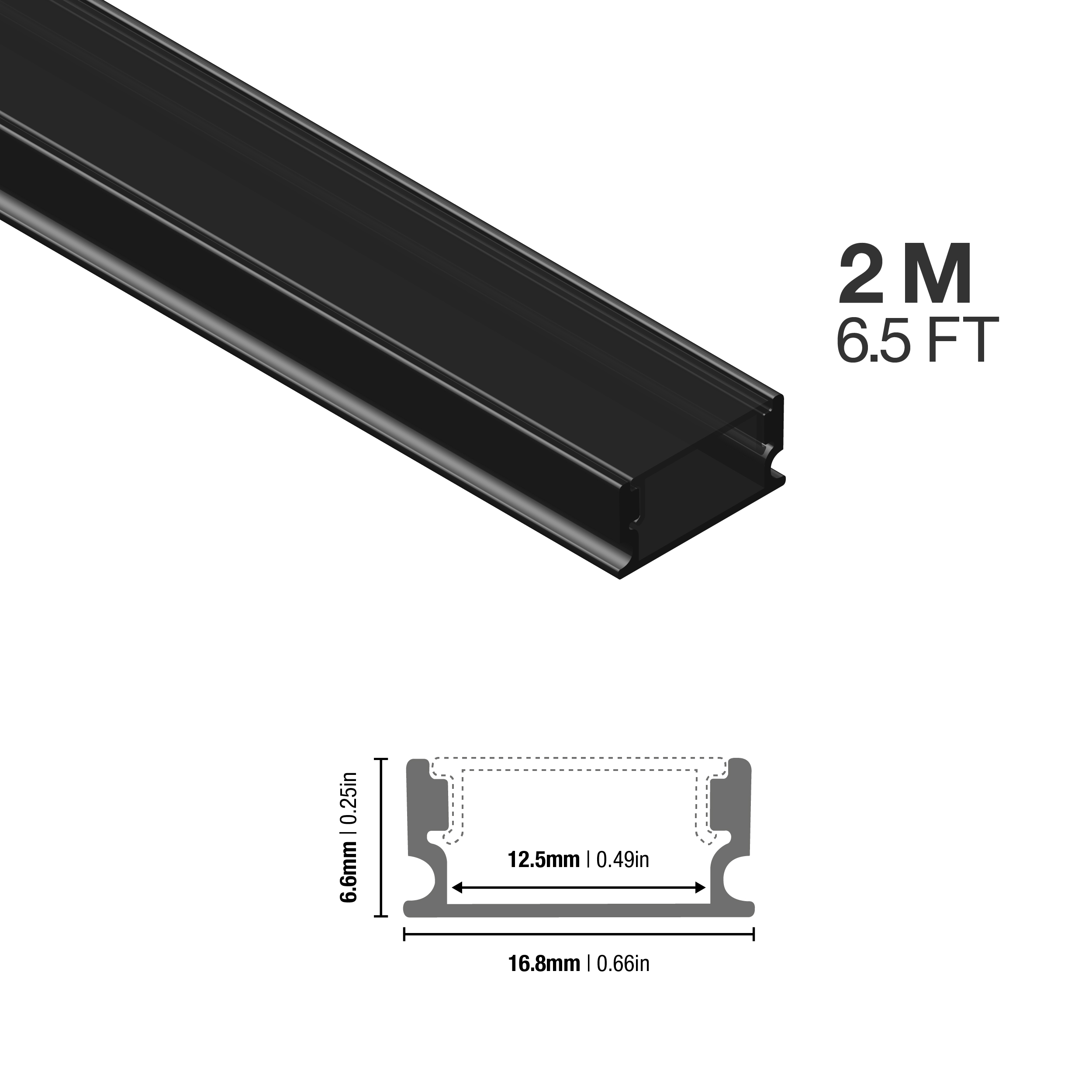 Perfil de Aluminio Flat 16,8x6,6mm Negro, Cover Opal Negro x2m