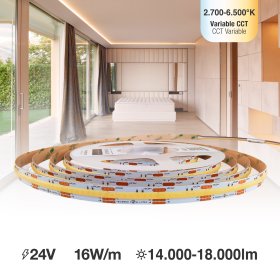 Tira LED COB 24V 16W/m CCT 80lm/m, 10mm PCB x5m