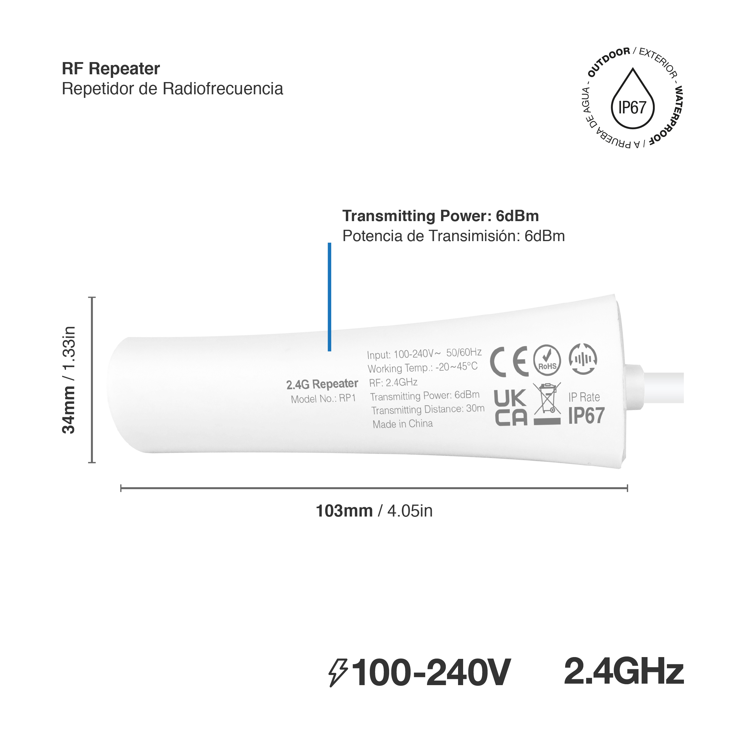 Repetidor de Radiofrecuencia de 2.4GHz 100-240V IP67