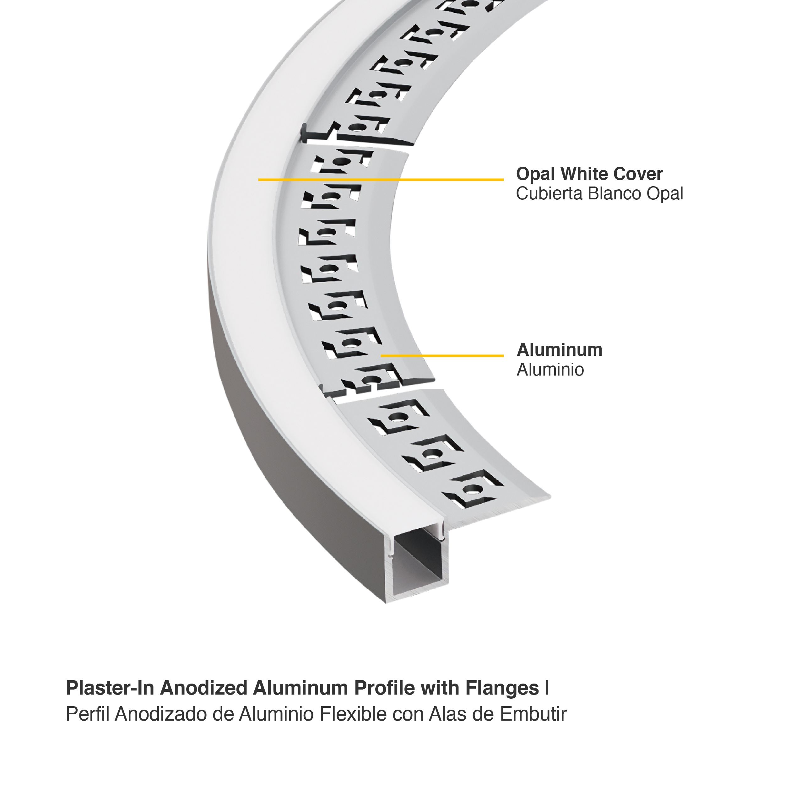Perfil de Aluminio Flexible con Alas de Embutir 32,8x13,3mm Anodizado, Cover Opal Blanco x1m