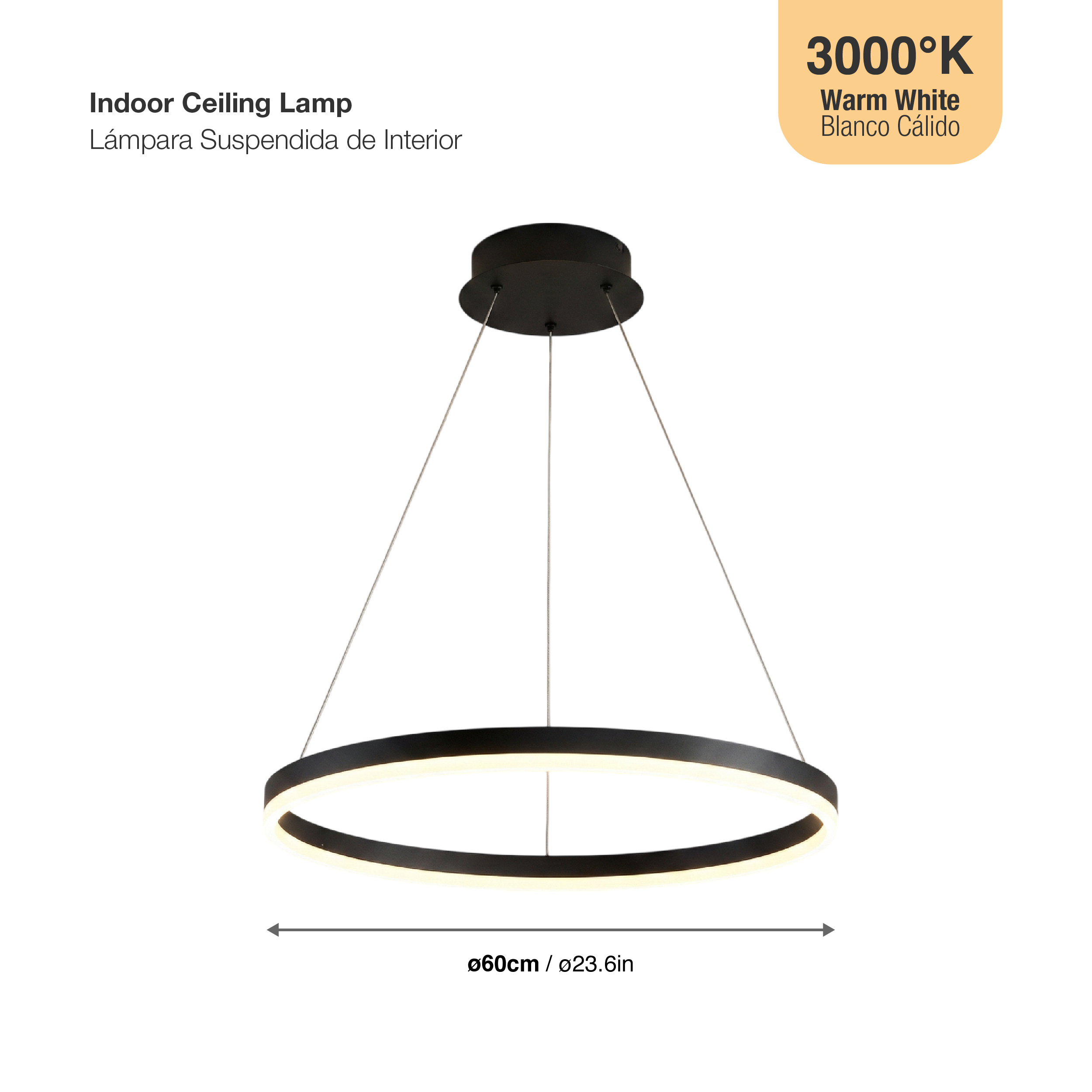 Lámpara LED Suspendida Aro Negro Ø60cm, 36W Blanco Cálido 3000K, 2448lm