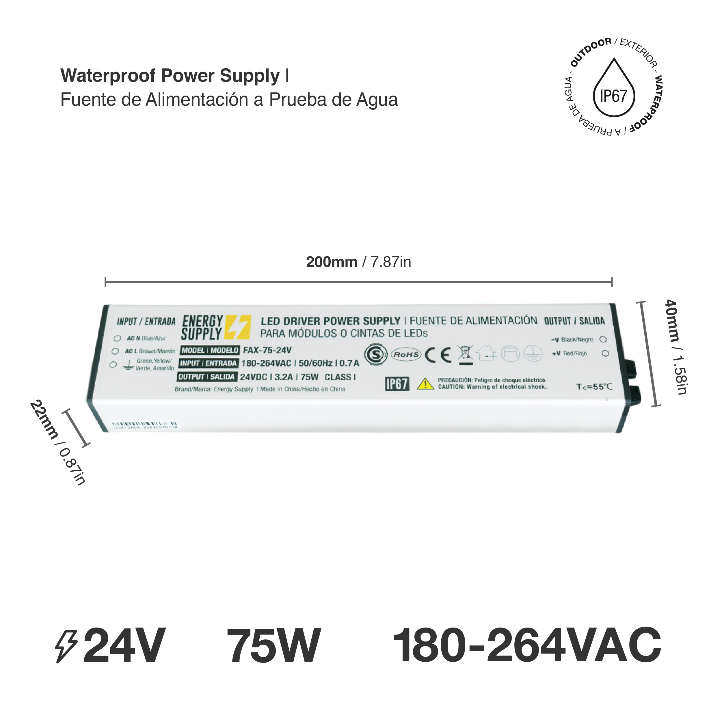 Fuente Switching 24V 3.2A 75W 180-264VAC Exterior IP67