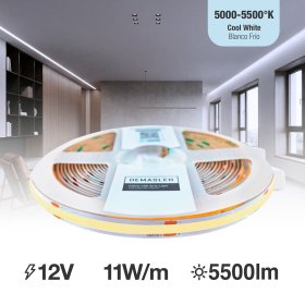 Tira LED COB 12V 11W/m, Blanco Frío 1100lm/m 480LEDs/m, 8mm, 5m