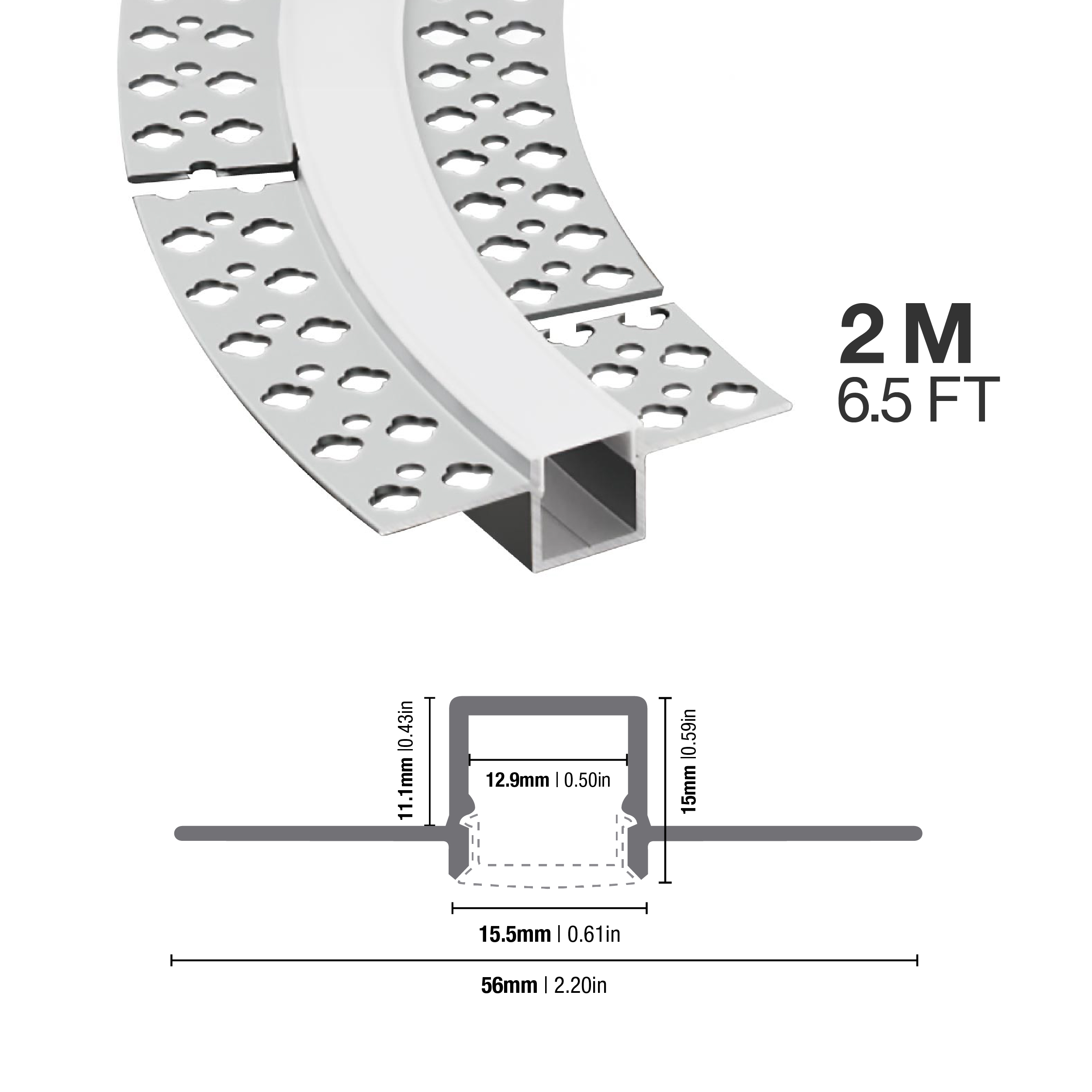 Perfil de Aluminio Flexible con Alas de Embutir 56x15mm Anodizado, Cover Opal Blanco x2m