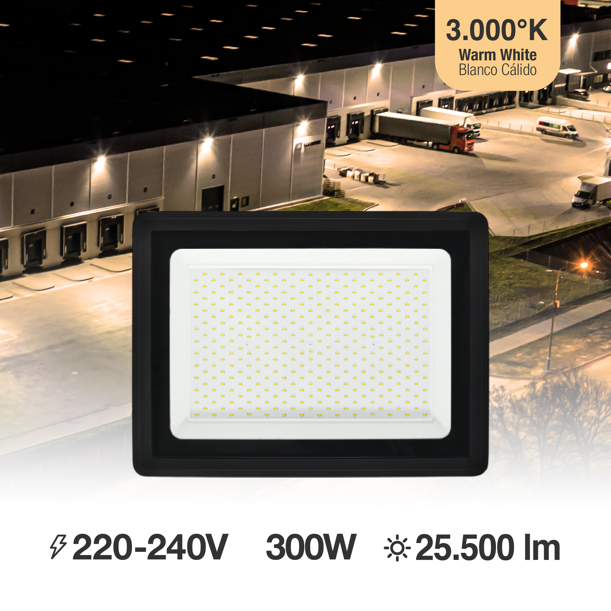 Reflector LED Exteriores, 300W 25.000lm Blanco Cálido 3000K 220V