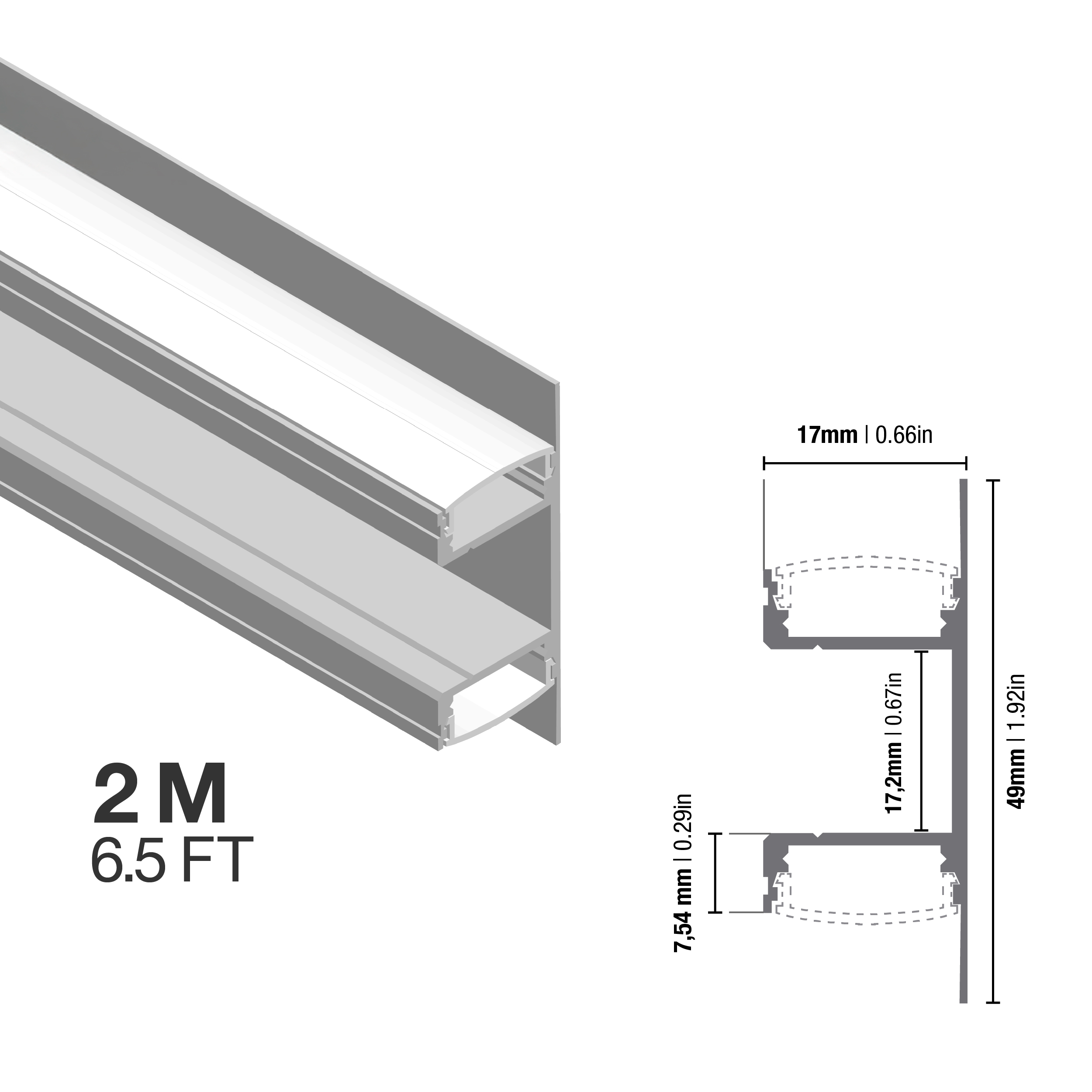 Perfil de Aluminio Duo Bidireccional 49x17mm Anodizado, Cover Opal Blanco x2m