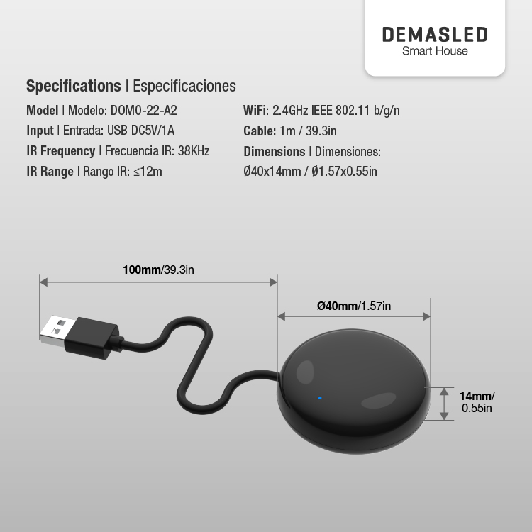 Control Remoto Smart WiFi+IR Universal 5V 1A 2.4GHz 433MHz