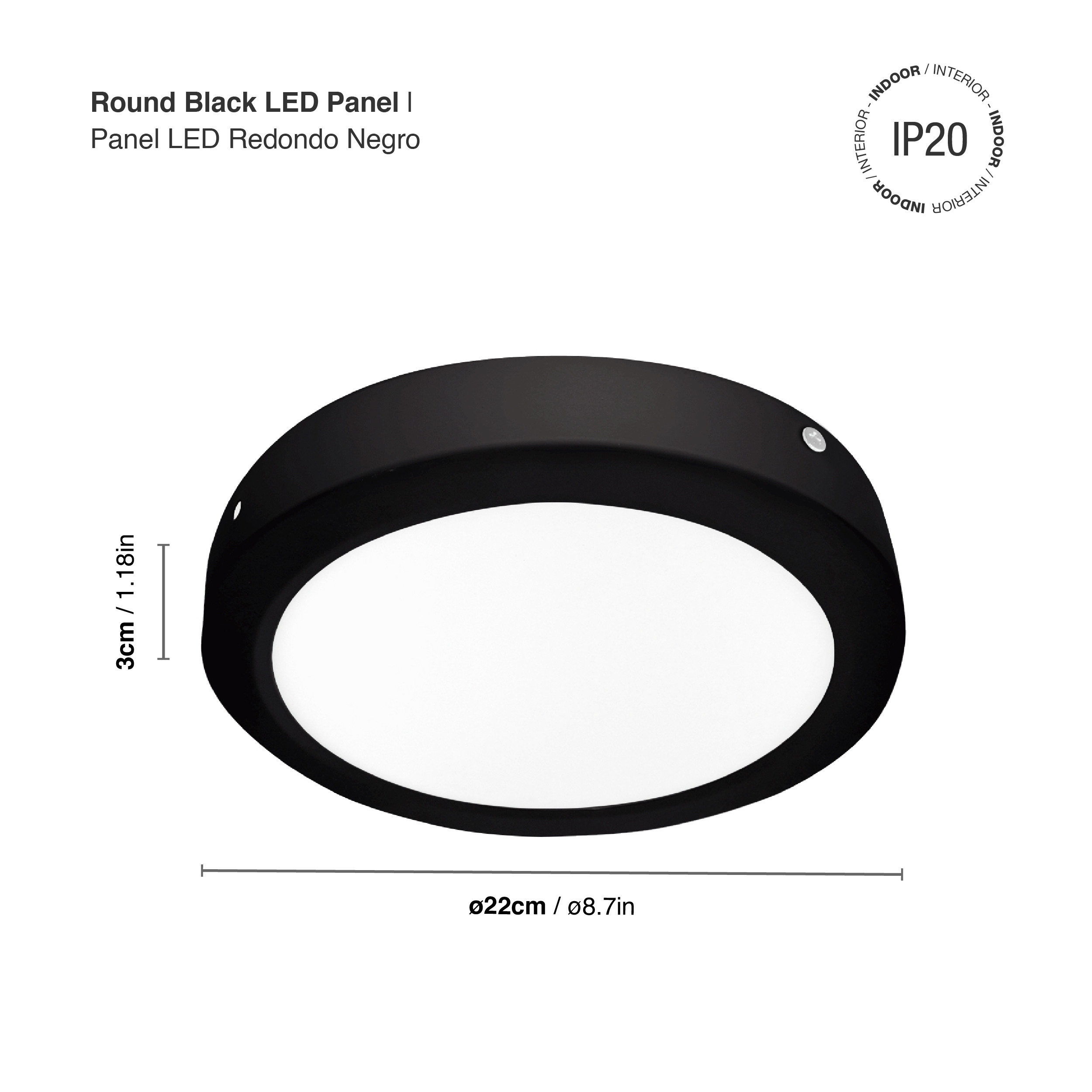 Plafón LED redondo negro de 22cm, 18W 1230lm Neutro, de aplicar
