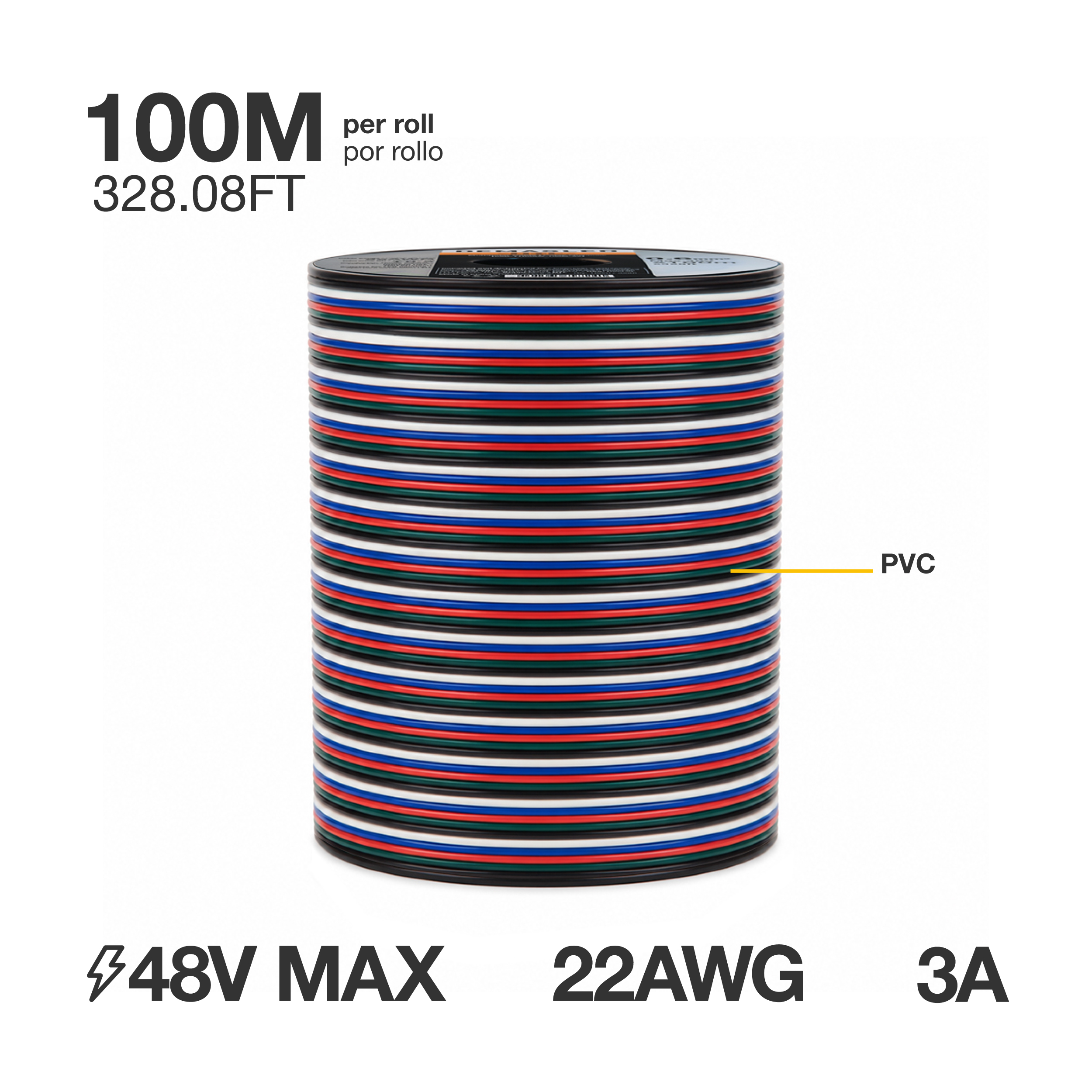 Cable 5 polos de 0.6mm RGBW - 5x0.6mm (22AWG) - 48V Máx. x100m 