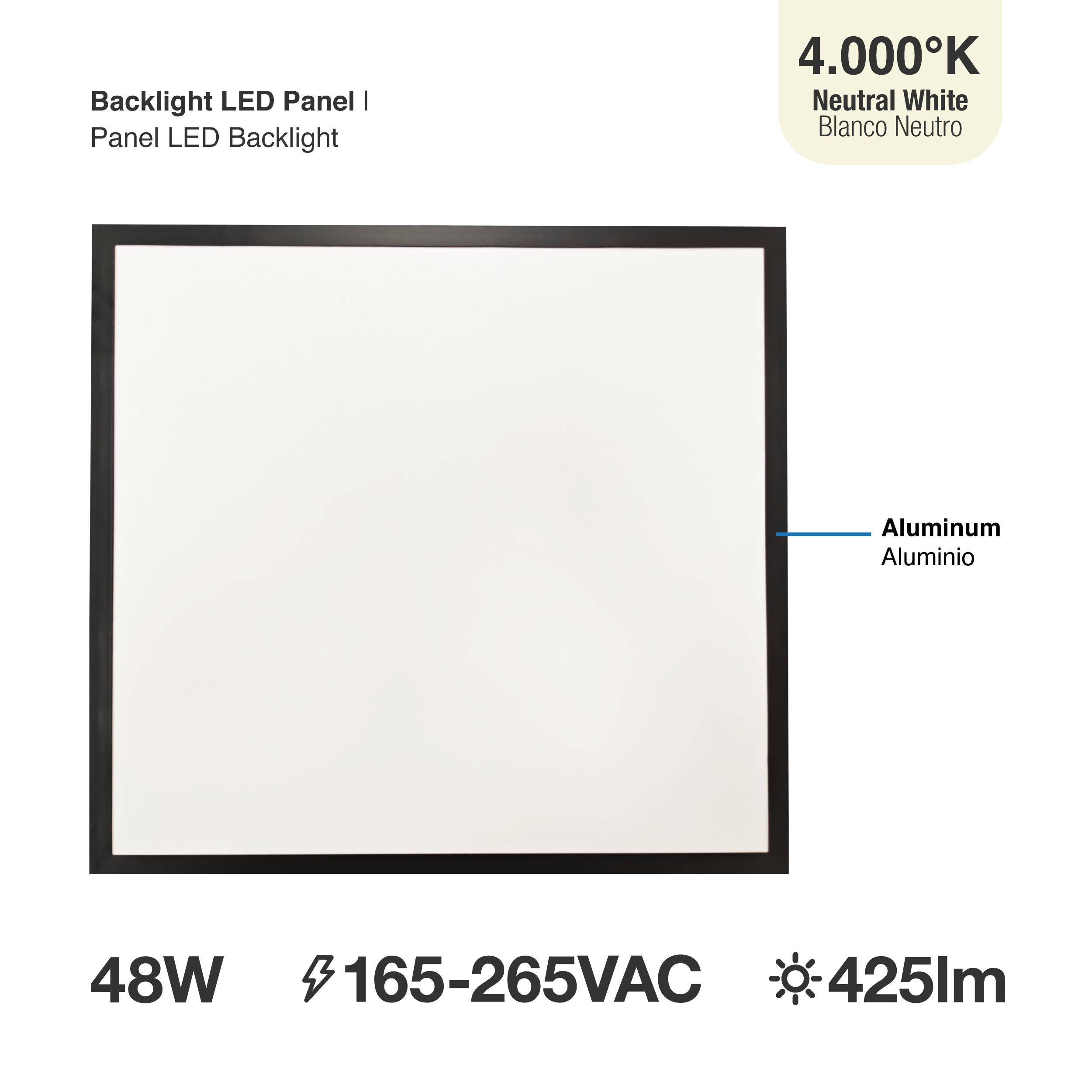 Panel LED BACKLIGHT de 60x60x3.8cm Negro 48W 4800lm Blanco Neutro 4.000K, Aplicar