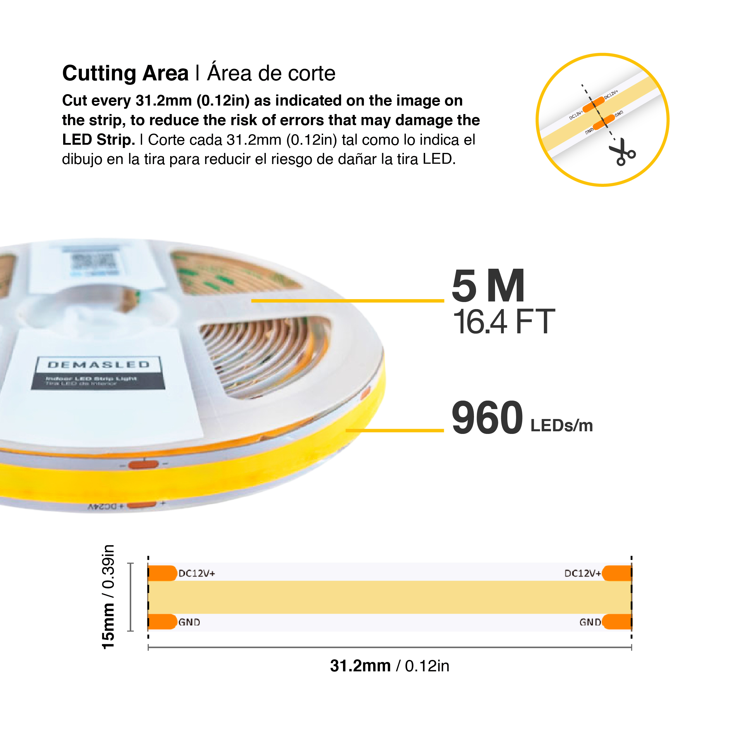 Tira LED COB 24V 25W/m Blanco Frío 2875lm/m 960 LEDs/m, 15mm PCB IP33 x5m 