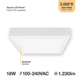 Plafón LED cuadrado blanco de 21,3x21,3cm, 18W 1440lm Cálido, aplicar