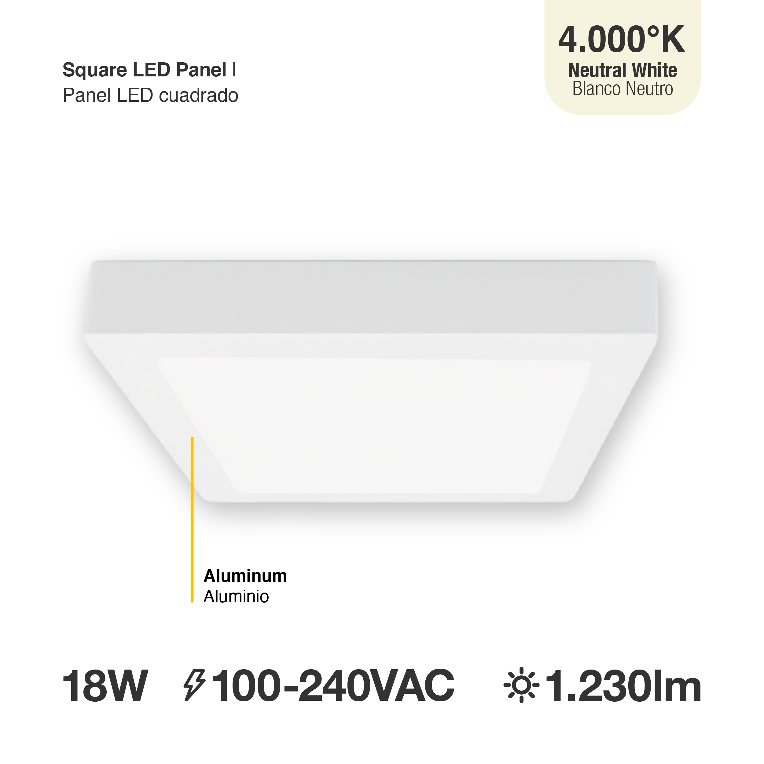Plafón LED cuadrado blanco de 21,3x21,3cm 18W 1230lm Neutro, de aplicar