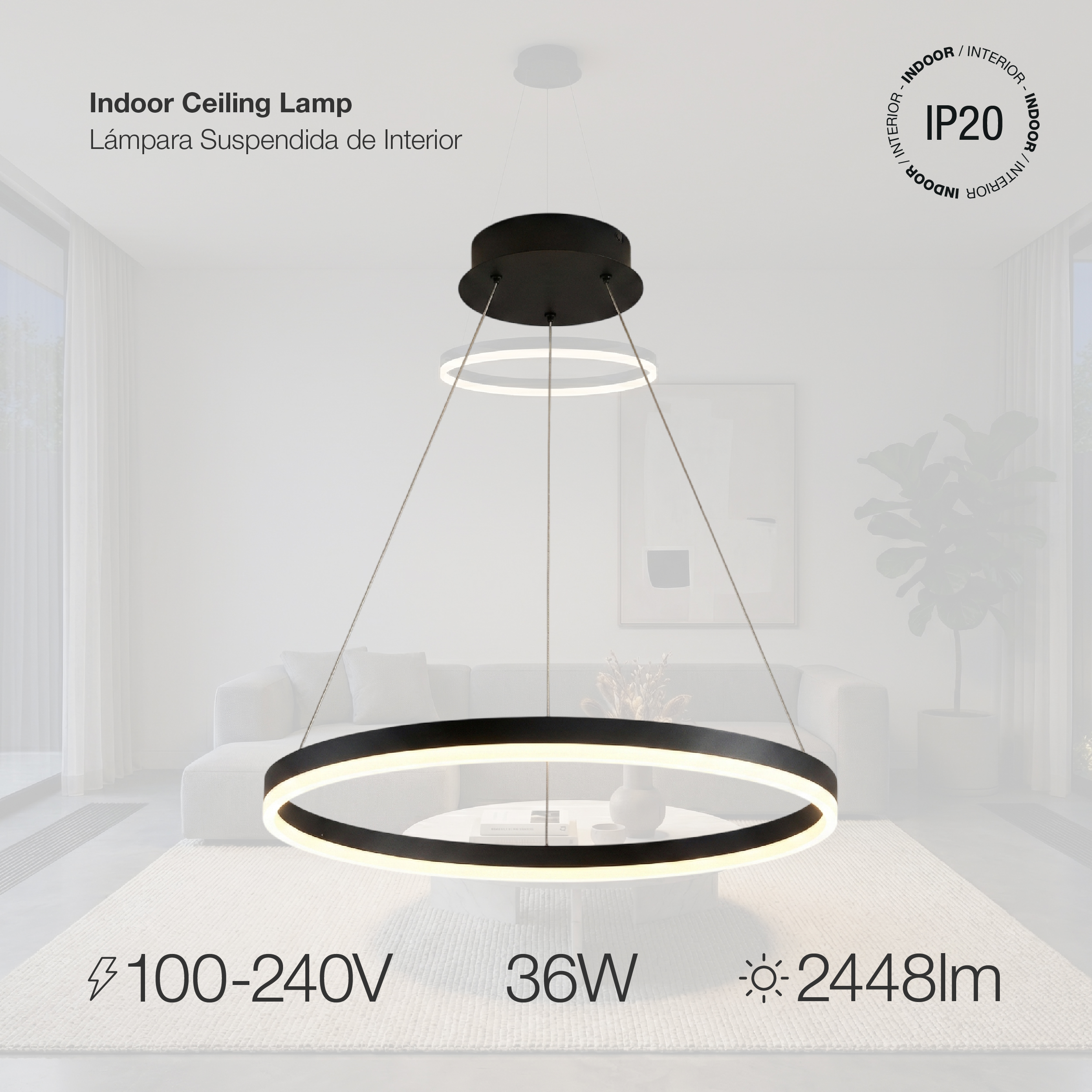 Lámpara LED Suspendida Aro Negro Ø60cm, 36W Blanco Cálido 3000K, 2448lm
