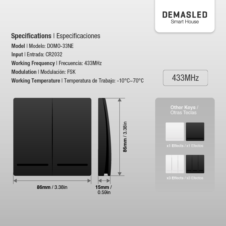 Tecla inalámbrica  RF, 2 Efectos Smart House, Negro