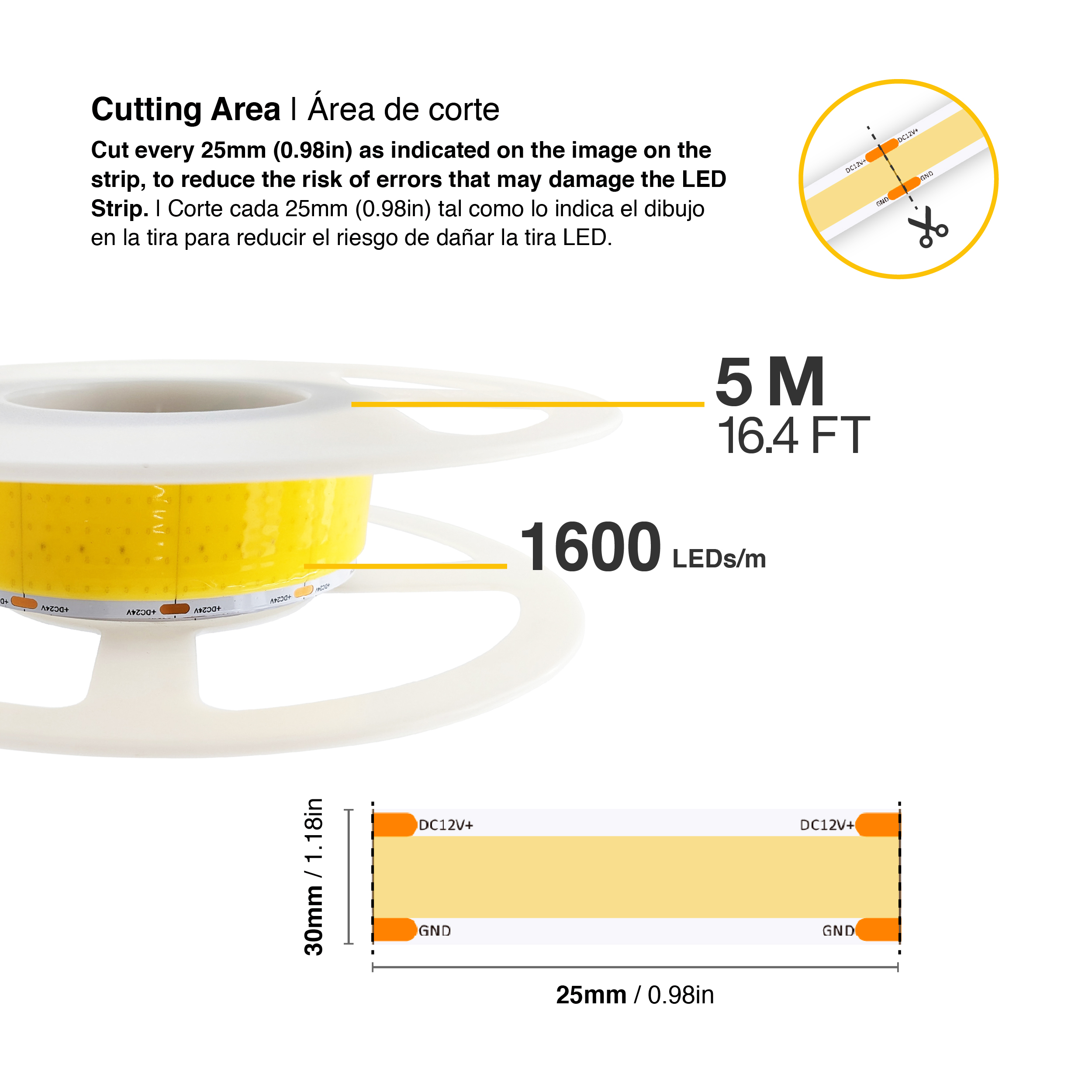 Tira LED COB 24V 40W/m Blanco Cálido 4800lm/m 1600 LEDs/m, 30mm PCB IP33 x5m 