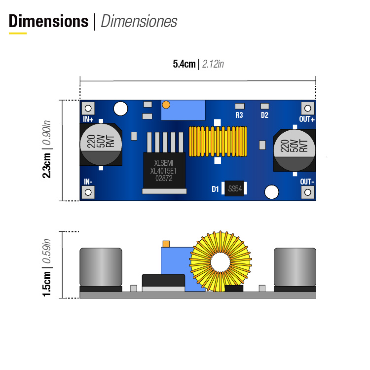 Modulo Step-Down XL4015 Ajustable, 1.25-36V 75Wmax 5Amax, DC-DC