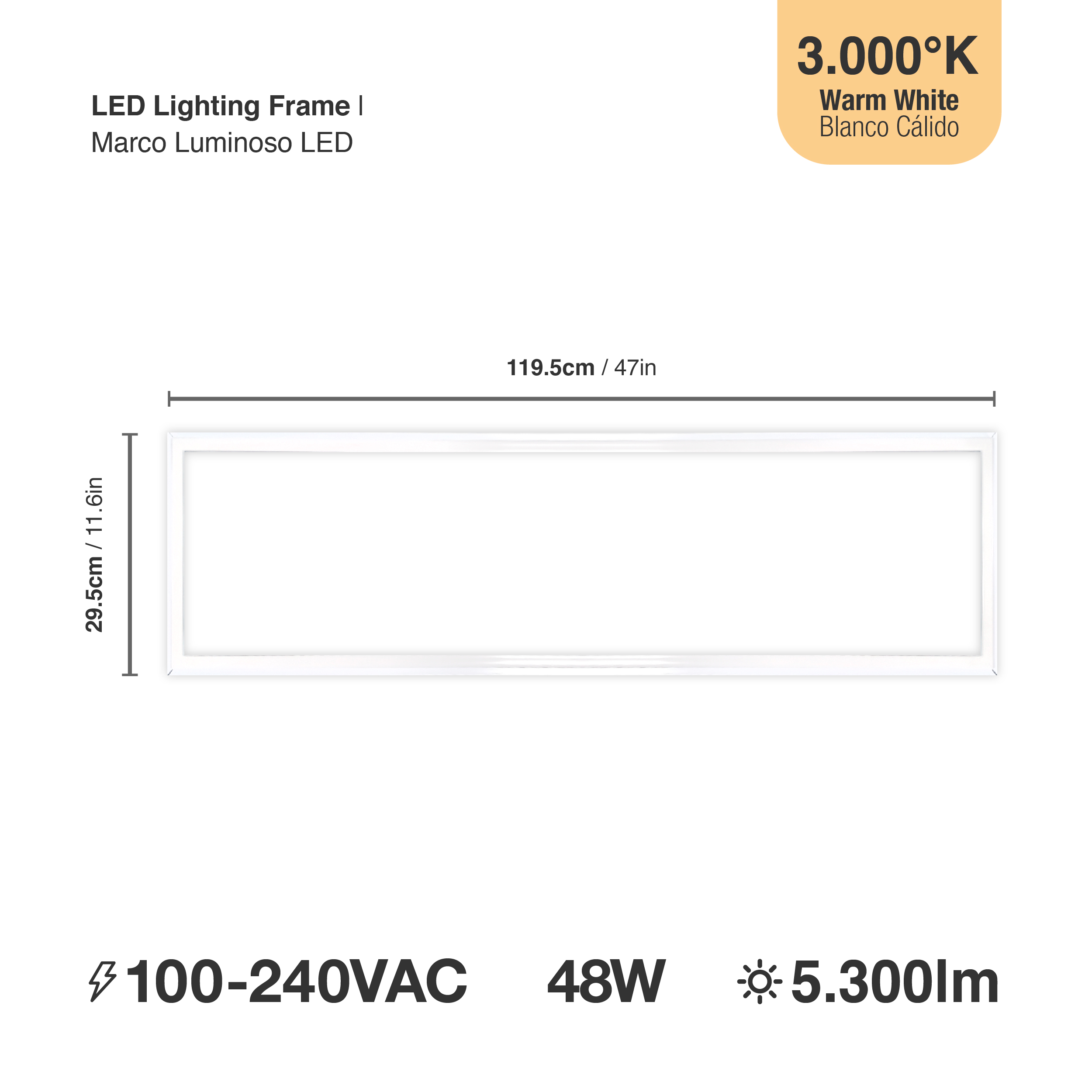 Marco Luminoso LED de 120x30cm 48W 5.300lm blanco Cálido 3000K