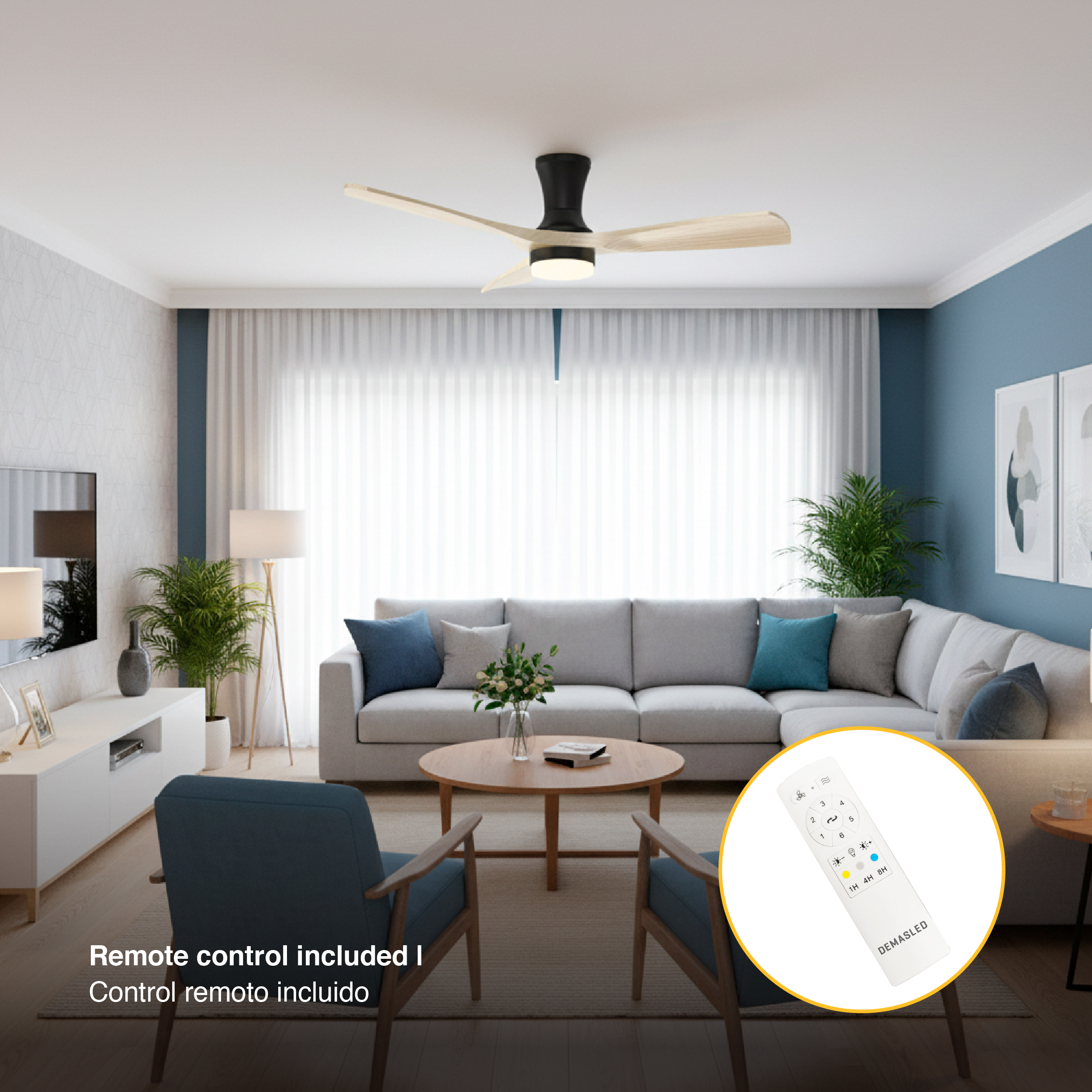 Ventilador de Techo Smart LED CCT 3000K-6000K Ø130cm Madera Clara 22W IP65 con Control Remoto