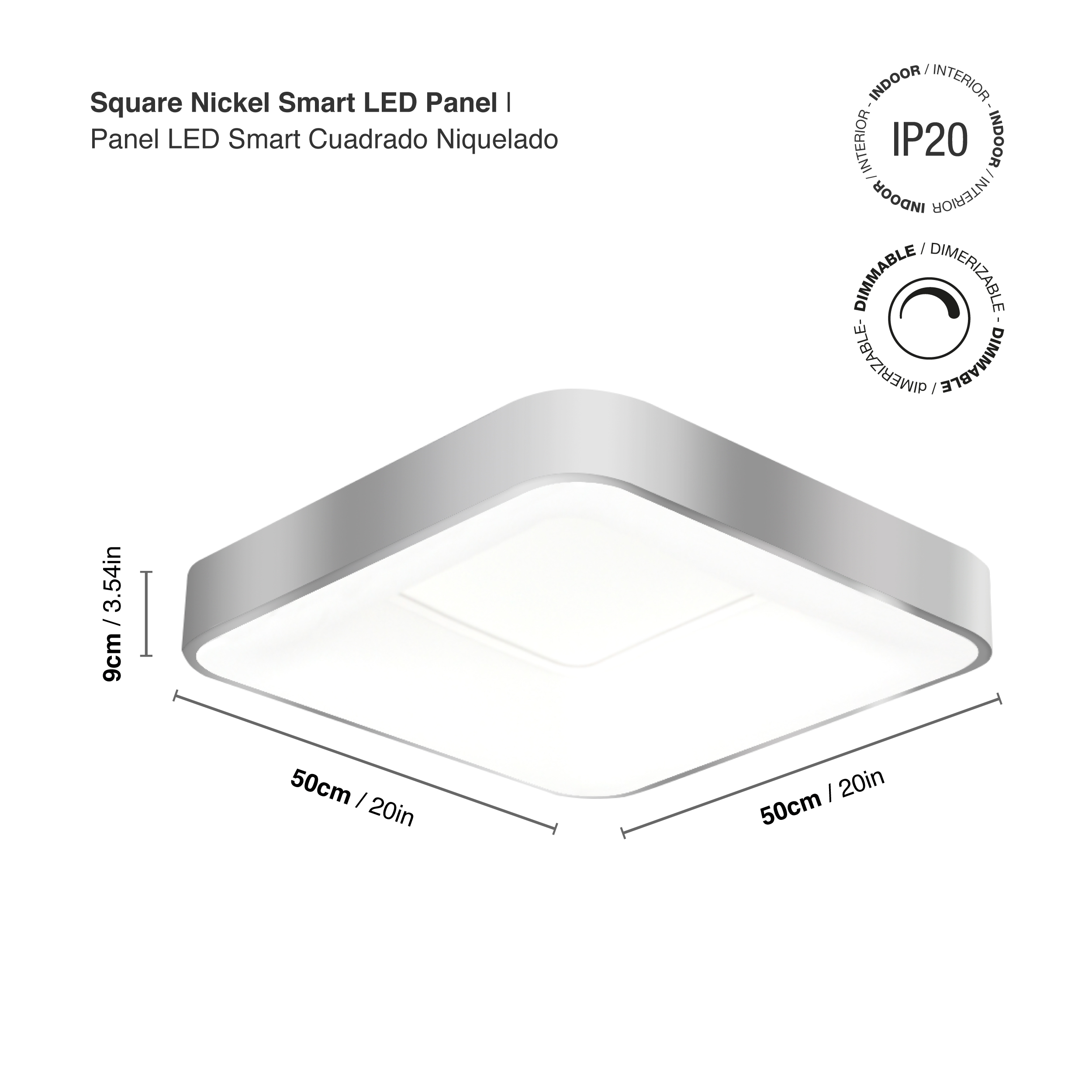 Panel LED Smart Cuadrado Níquel 50x50x9cm 48W 210mA CCT, de Aplicar