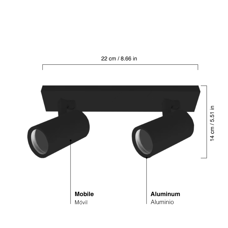 Aplique Móvil Negro Cabezal 22x14cm para 2 Lámparas GU10